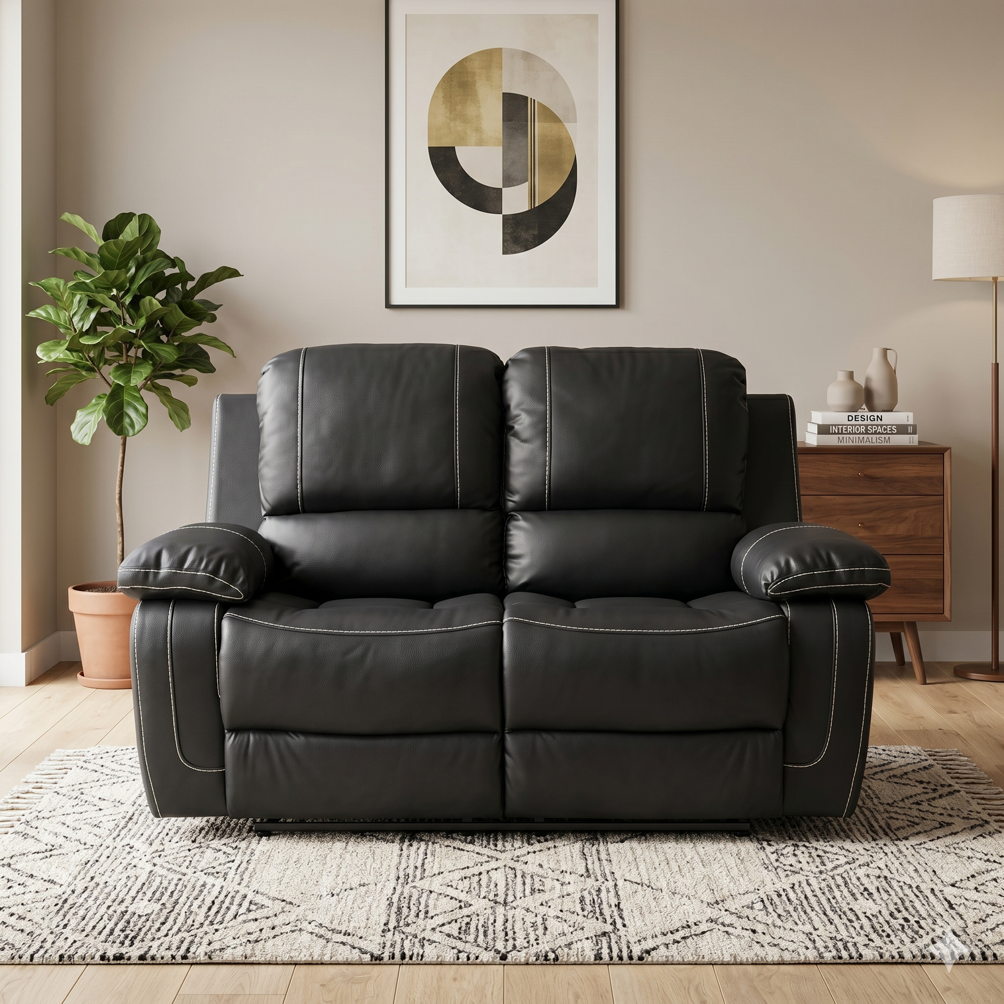Black leather sofa in a living room with a plant and artwork on the wall.