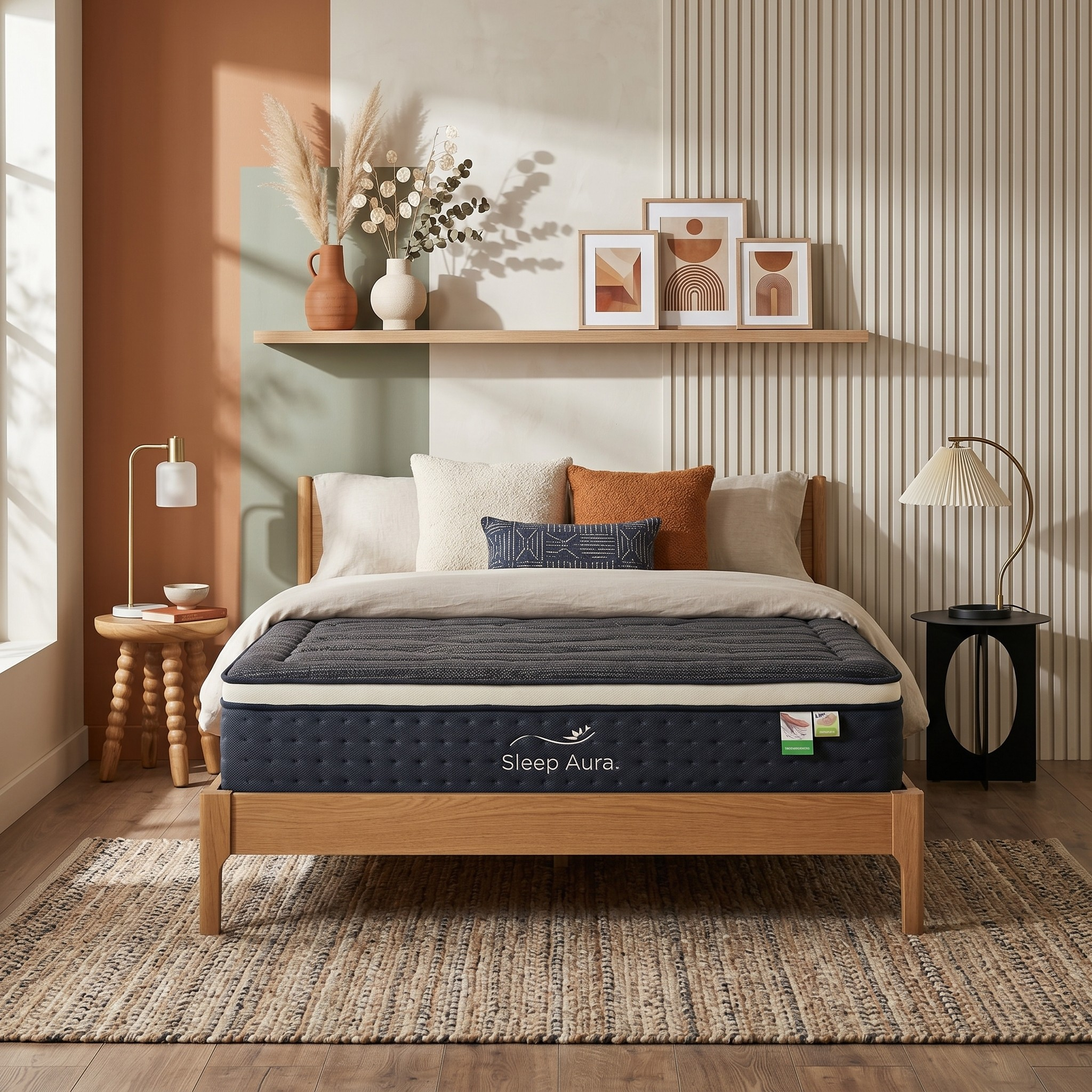 Bed with Sleep Aura mattress in a bedroom setting