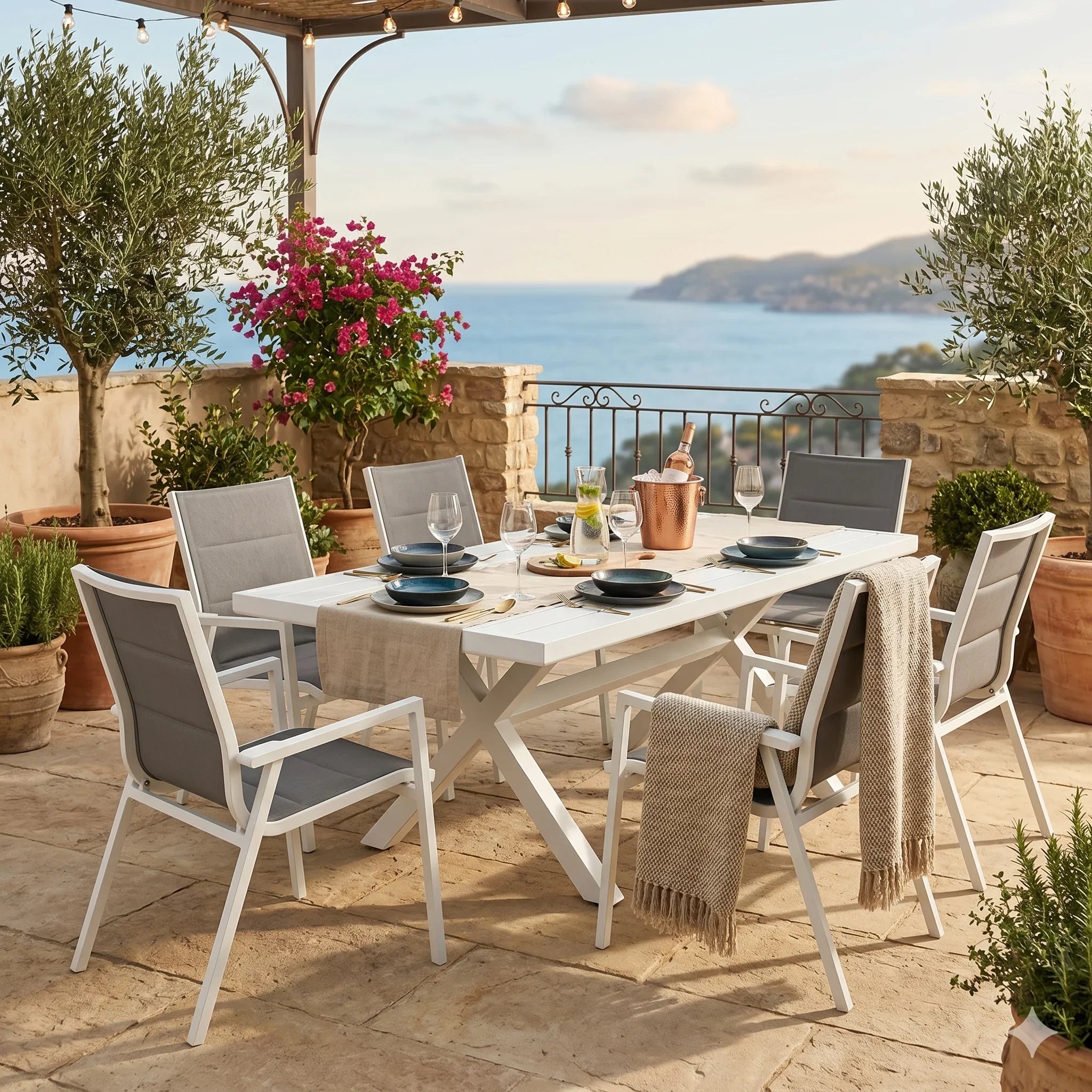 Outdoor dining setup with a table and chairs on a patio overlooking the ocean.