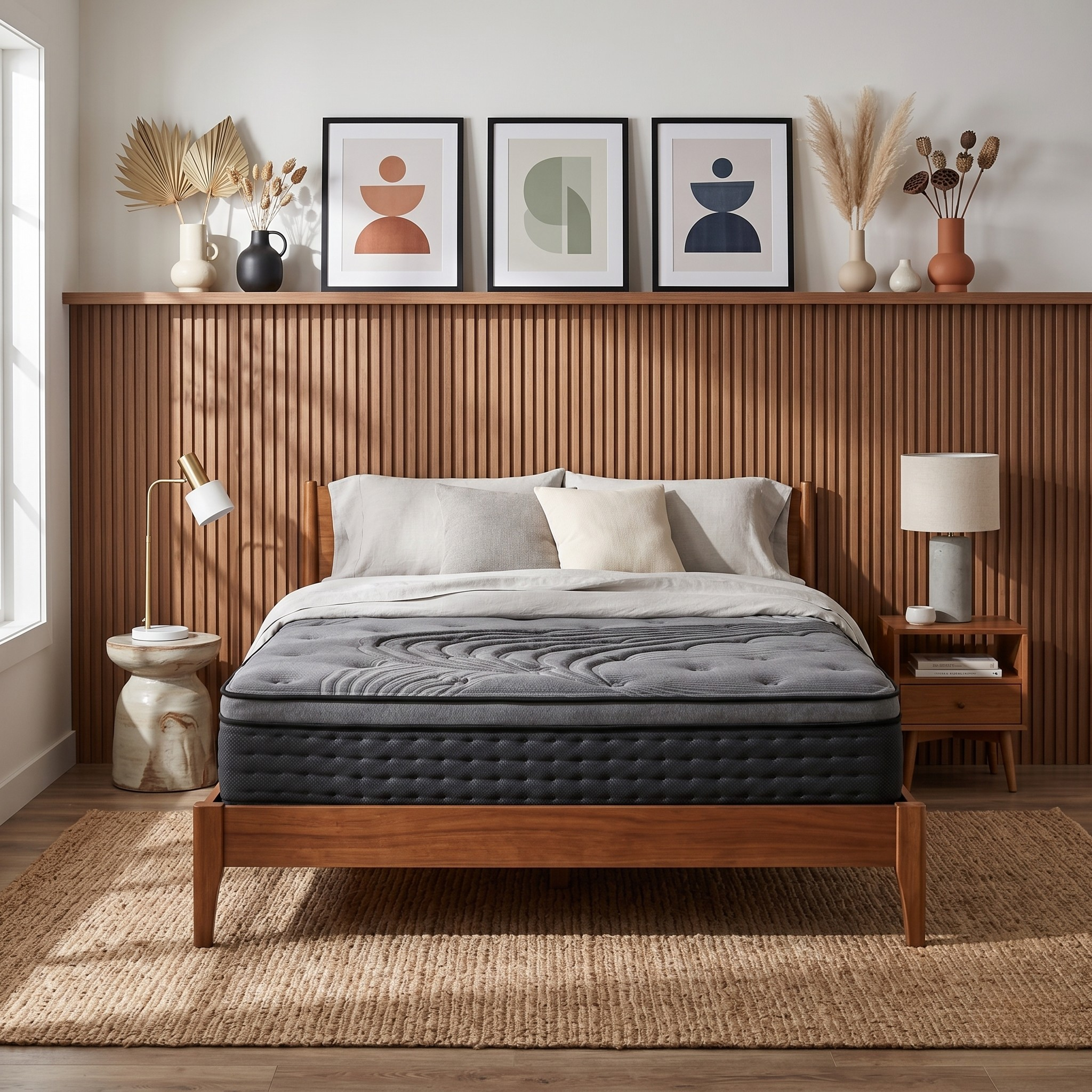 Bed with a gray mattress in a bedroom setting with wooden headboard and decor.