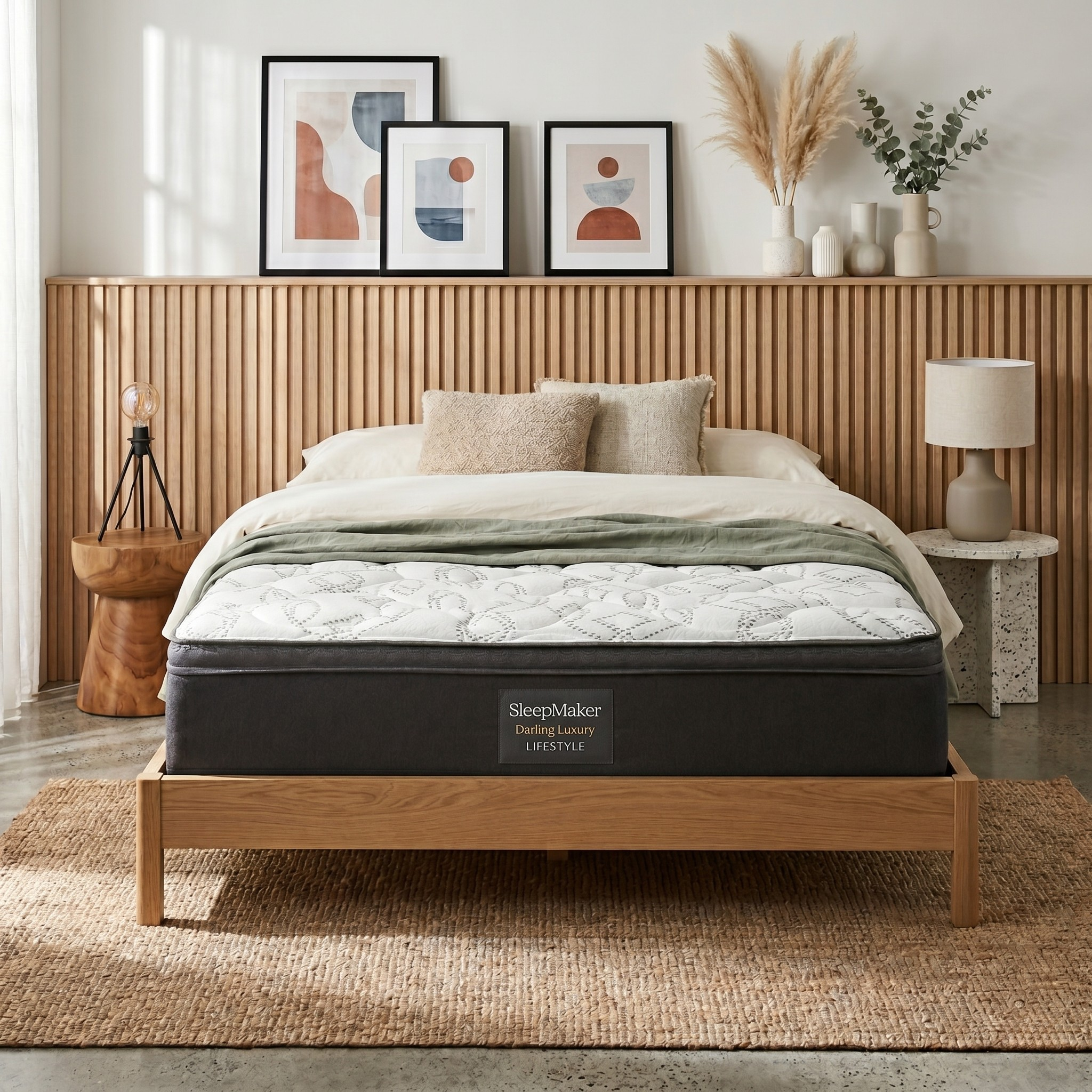 Bed with SleepMaker mattress in a bedroom setting