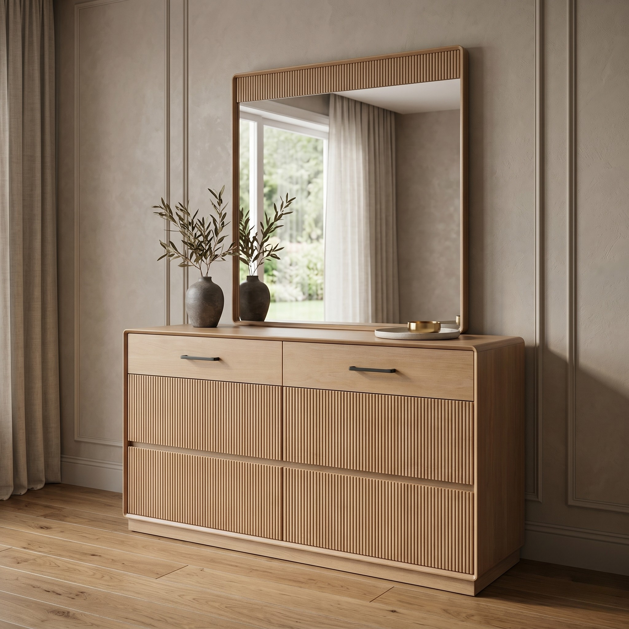 Wooden dresser with mirror in a room with curtains and plants