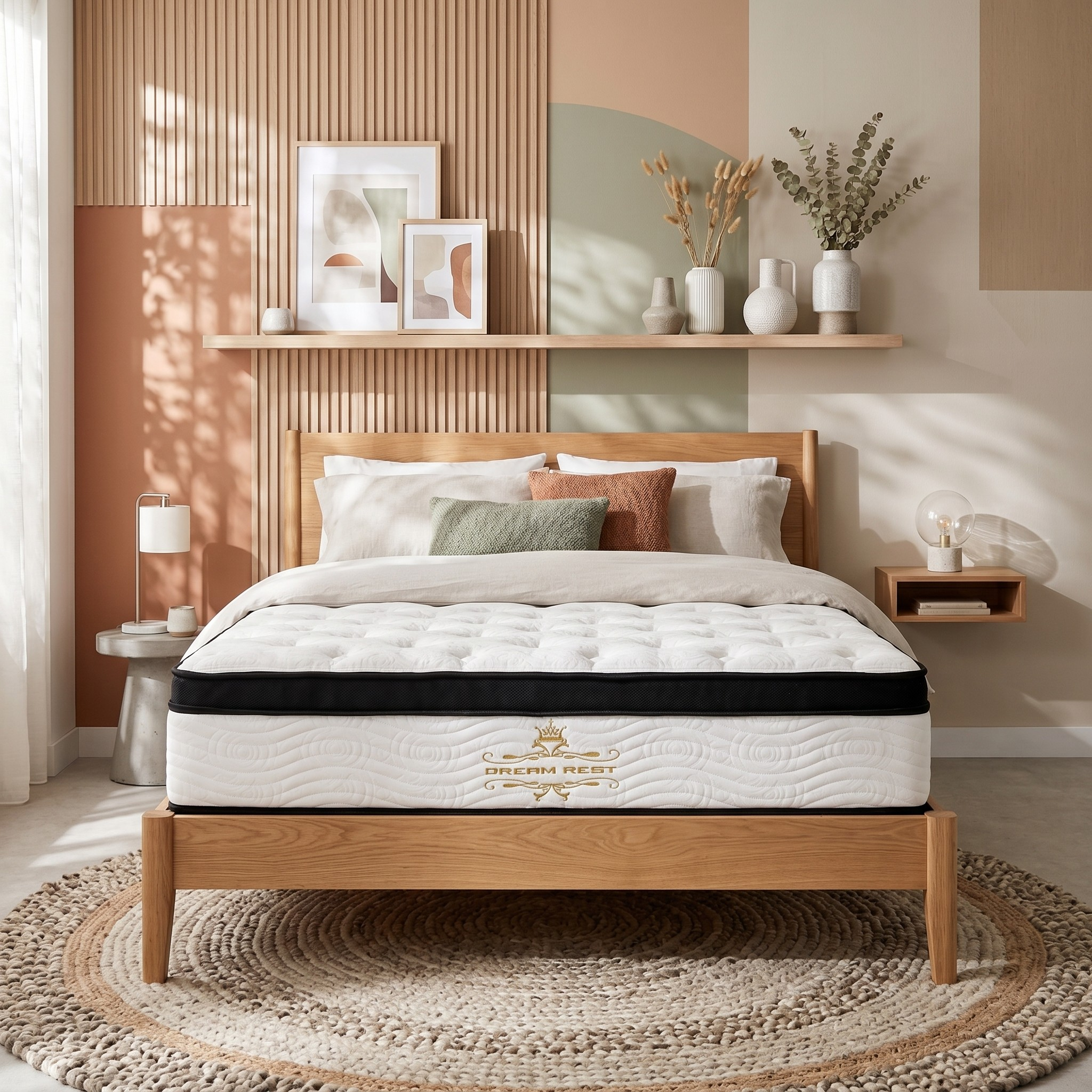 Bedroom with a wooden bed frame and white mattress, decorated with pillows and a shelf in the background.