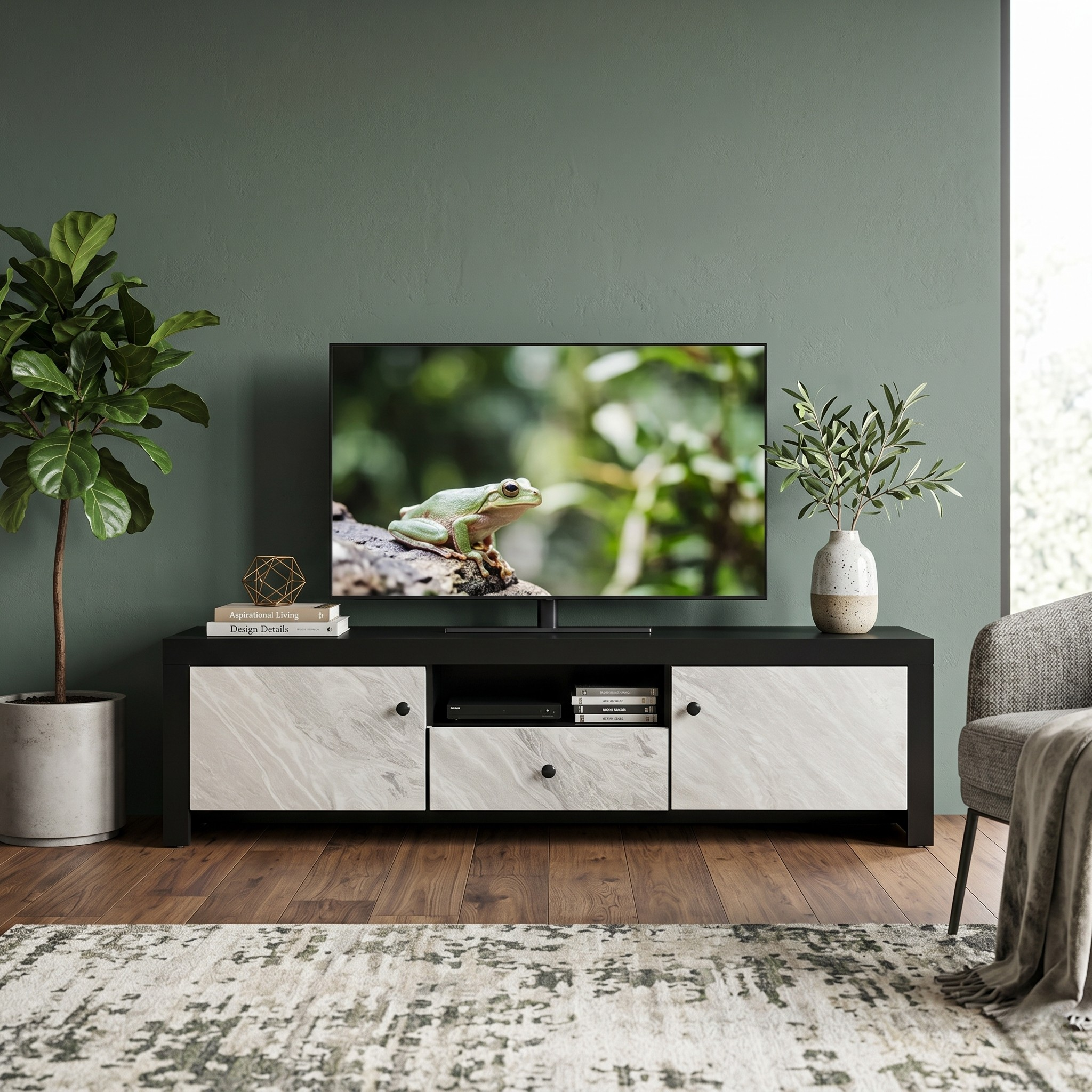 Modern living room with a TV on a wooden stand, plants, and a chair.
