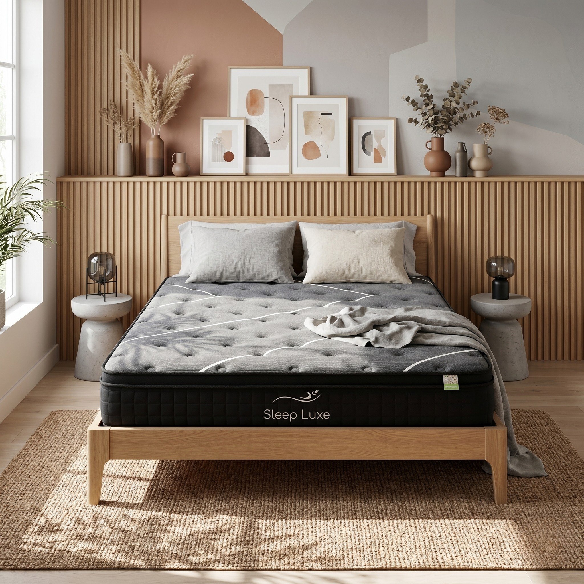 Sleep Luxe mattress on a wooden bed frame in a bedroom setting with decor elements.