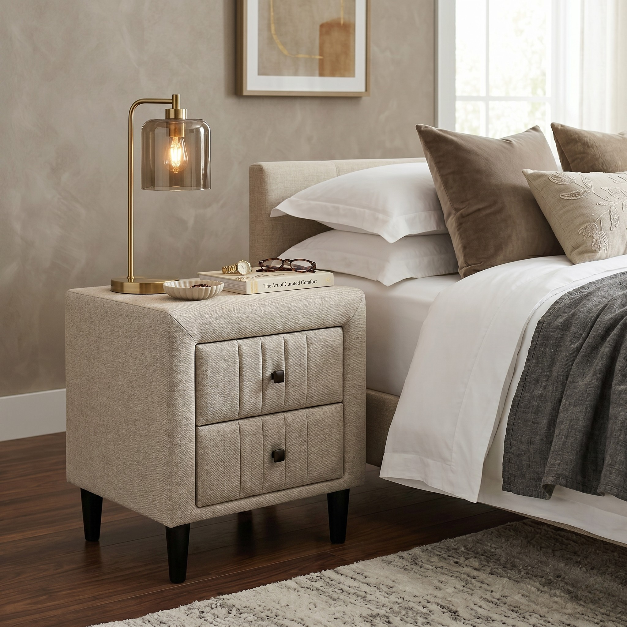 Grey nightstand with lamp next to a bed with pillows and blankets in a bedroom setting.