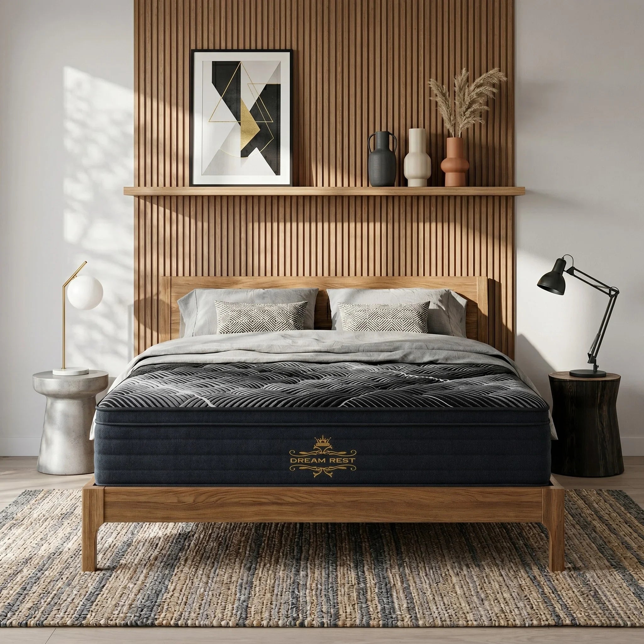 Bedroom with a wooden bed frame and mattress, shelves with decor, and a rug.