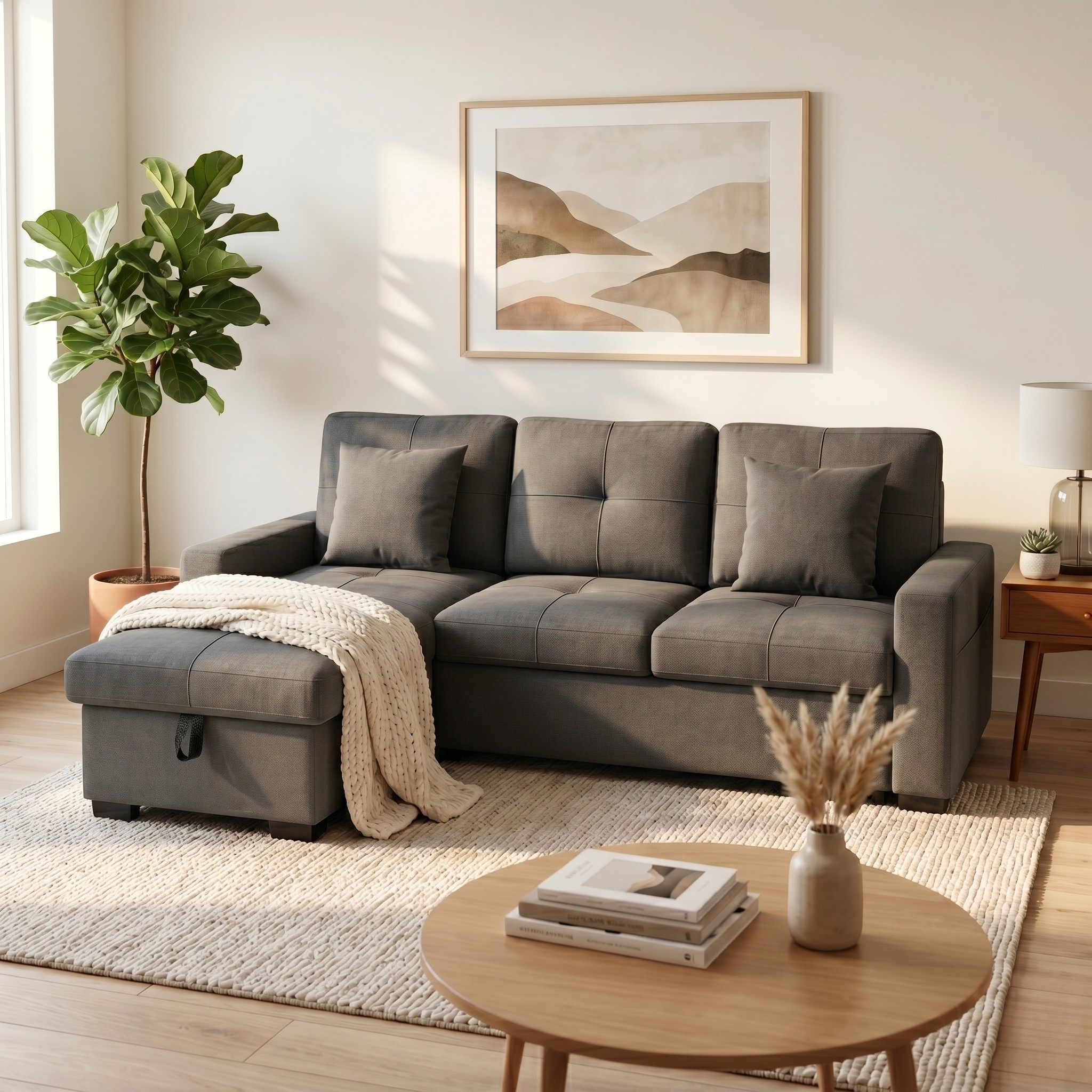 Gray sofa bed in a living room with a round wooden coffee table, plant, and wall art.