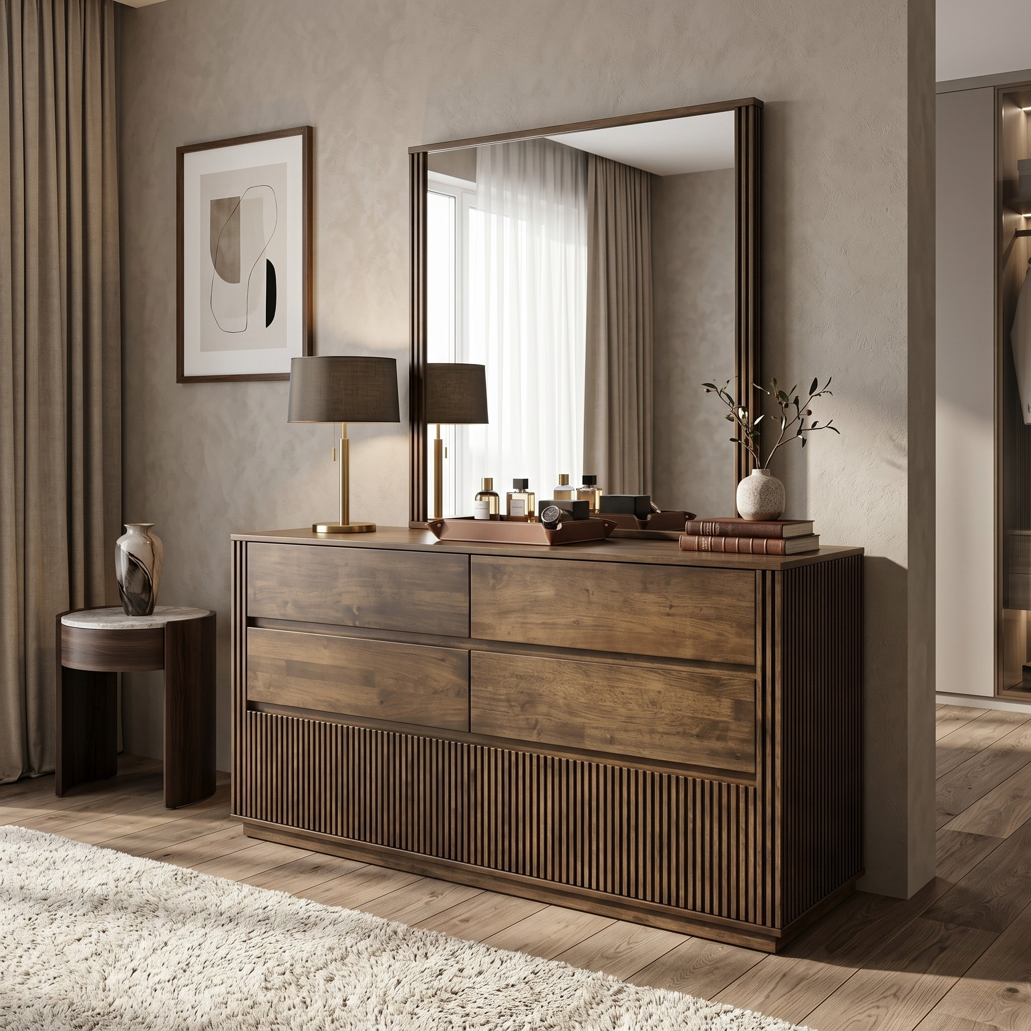 Wooden dresser with mirror and decorative items in a modern bedroom setting