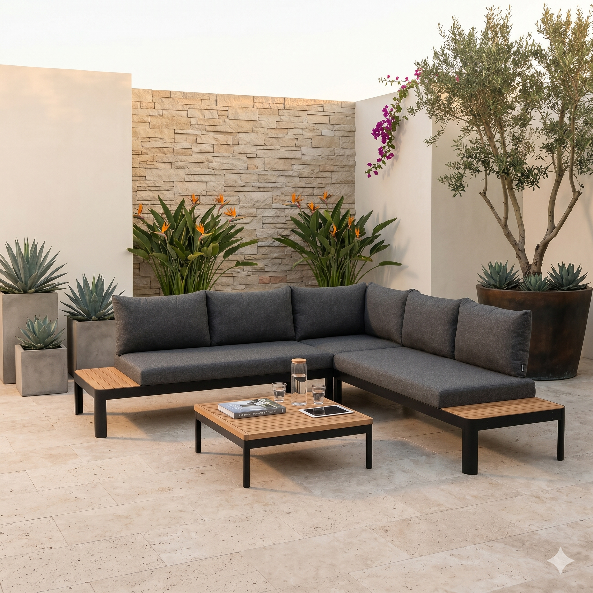 Outdoor patio set with gray sectional sofa, wooden coffee table, and potted plants.