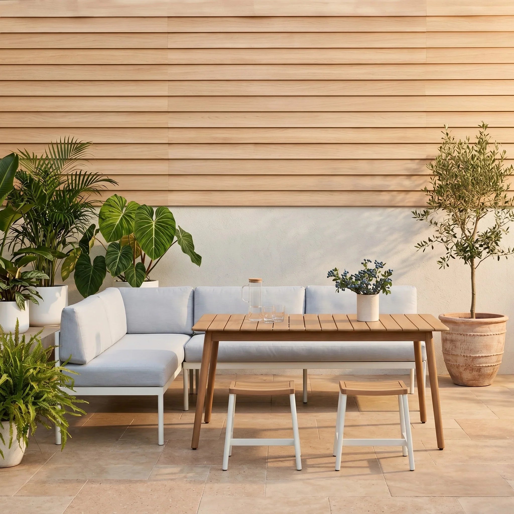 Bryde 4 Piece Outdoor Set featuring a modern L-shaped lounge with light cushions, a wooden coffee table, and two matching stools, styled in a bright outdoor patio with potted plants.