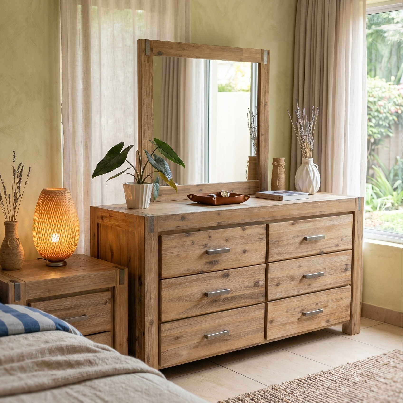 Wooden dresser with mirror in a bedroom setting with natural light