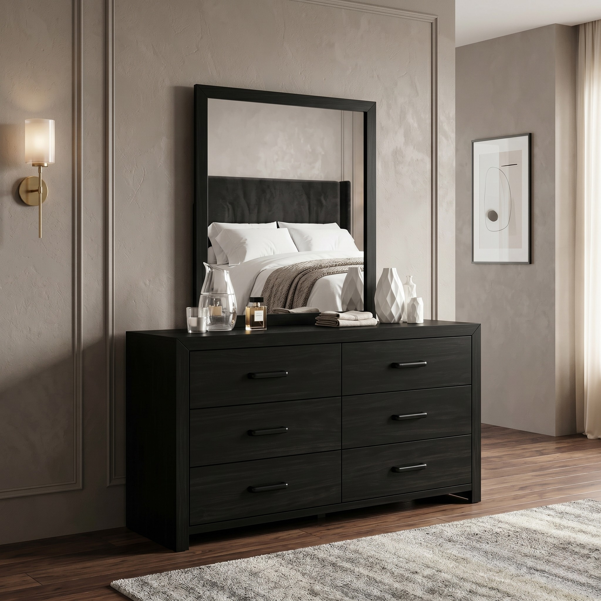 Black dresser with mirror in a bedroom setting