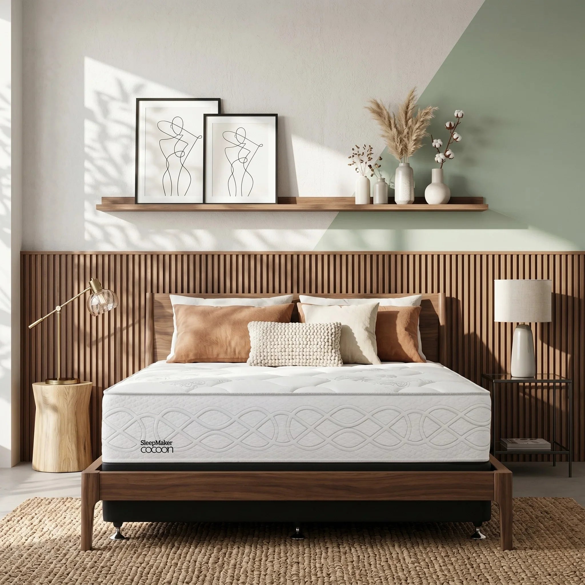 Bedroom with a wooden bed frame and mattress, decorative pillows, and wall art.