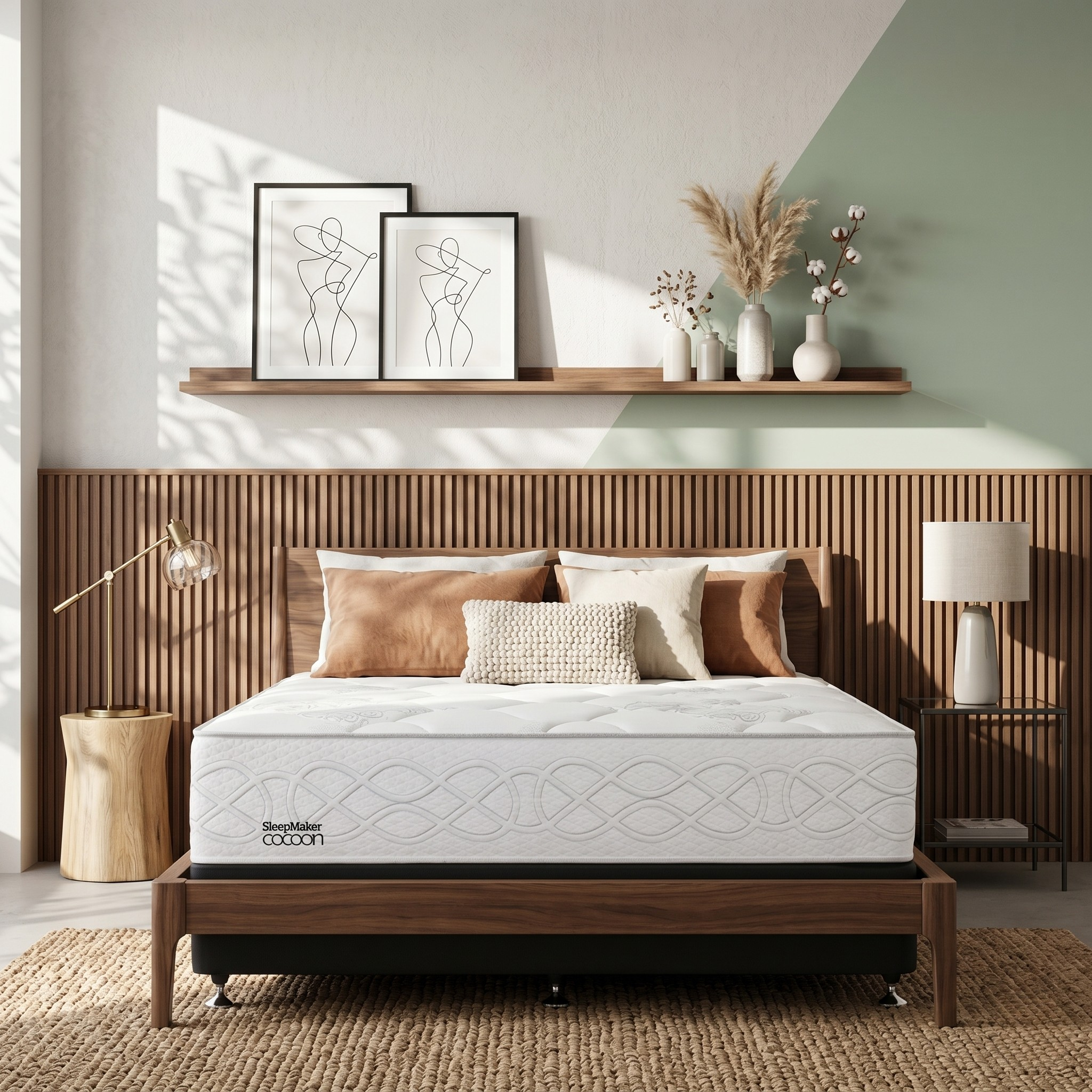 Bedroom with a wooden bed frame and mattress, decorative pillows, and wall art.