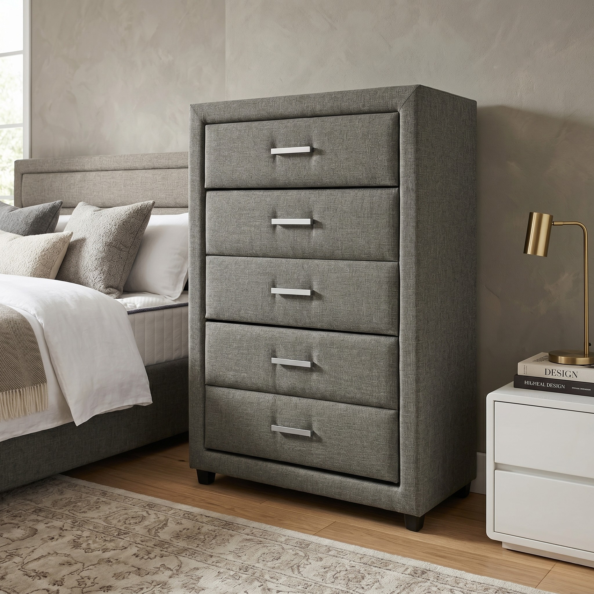 Gray dresser in a bedroom setting with a bed and lamp in the background