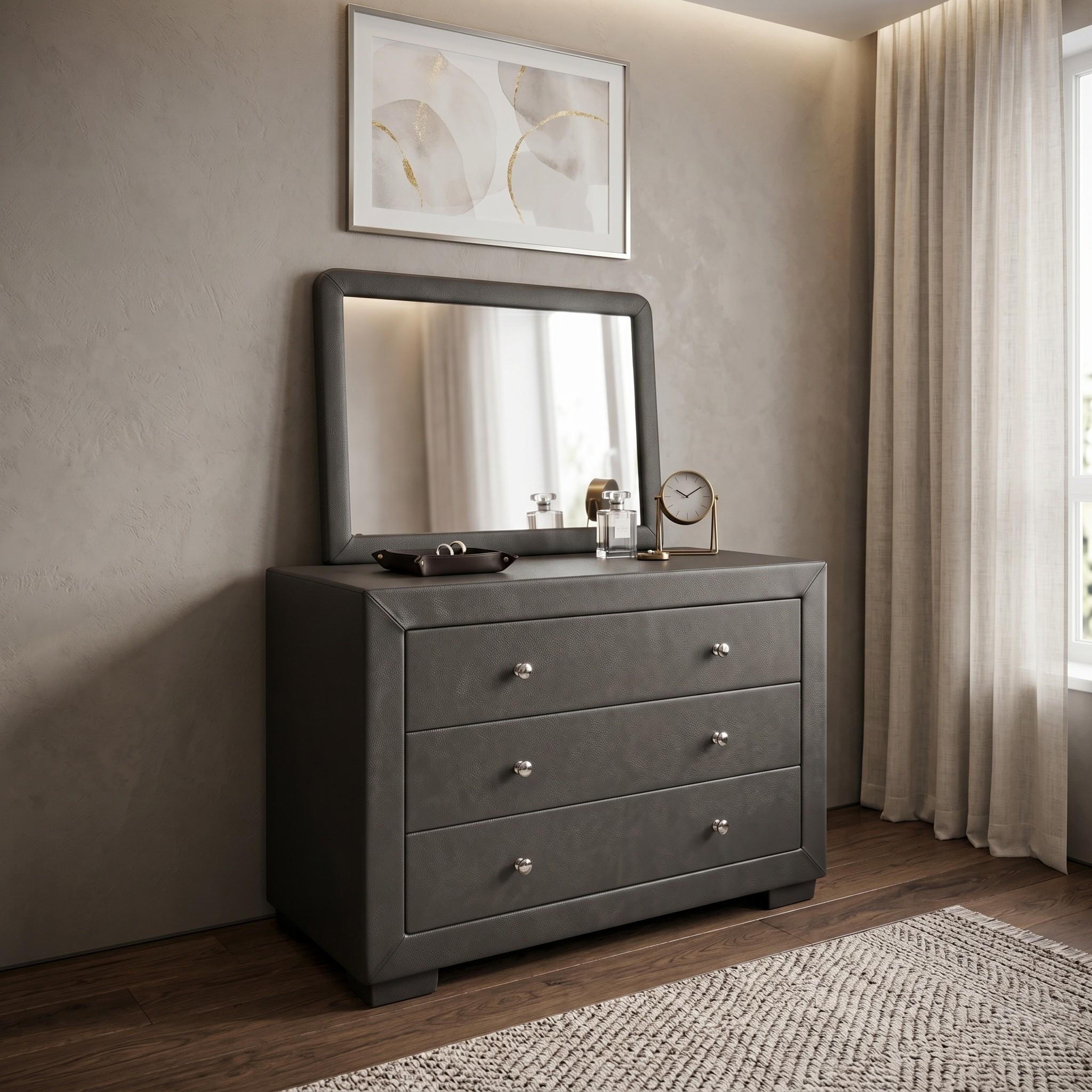 Gray dresser with mirror in a bedroom setting