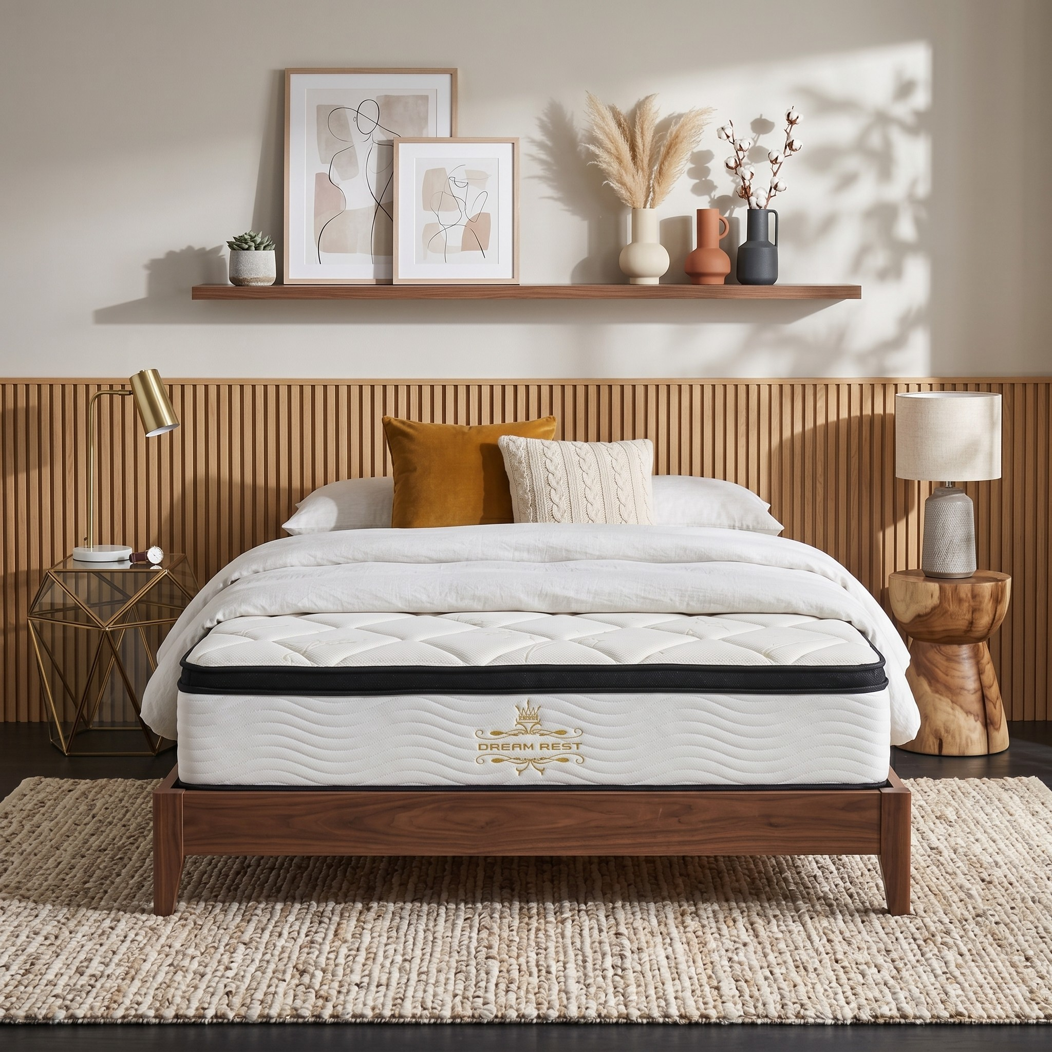 White mattress on a wooden bed frame in a bedroom setting with decorative elements.