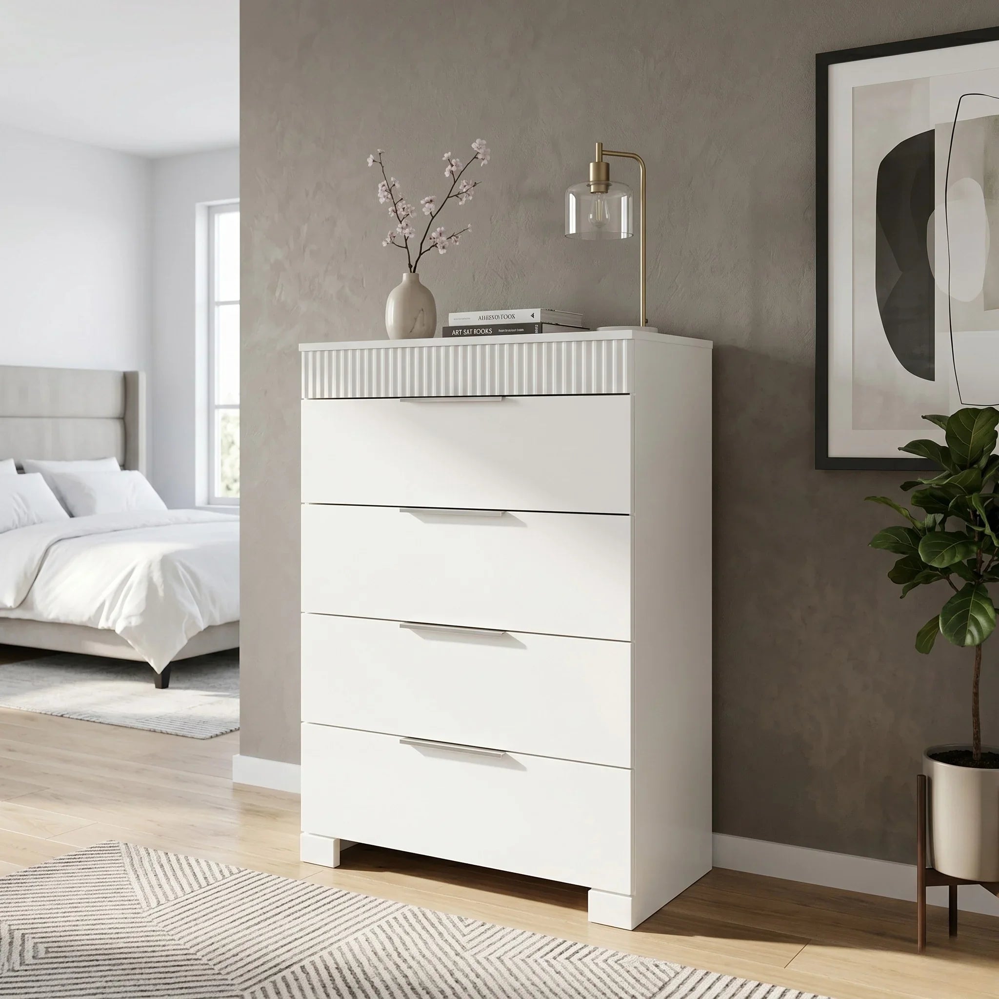 White tallboy in a bedroom setting with decor elements.