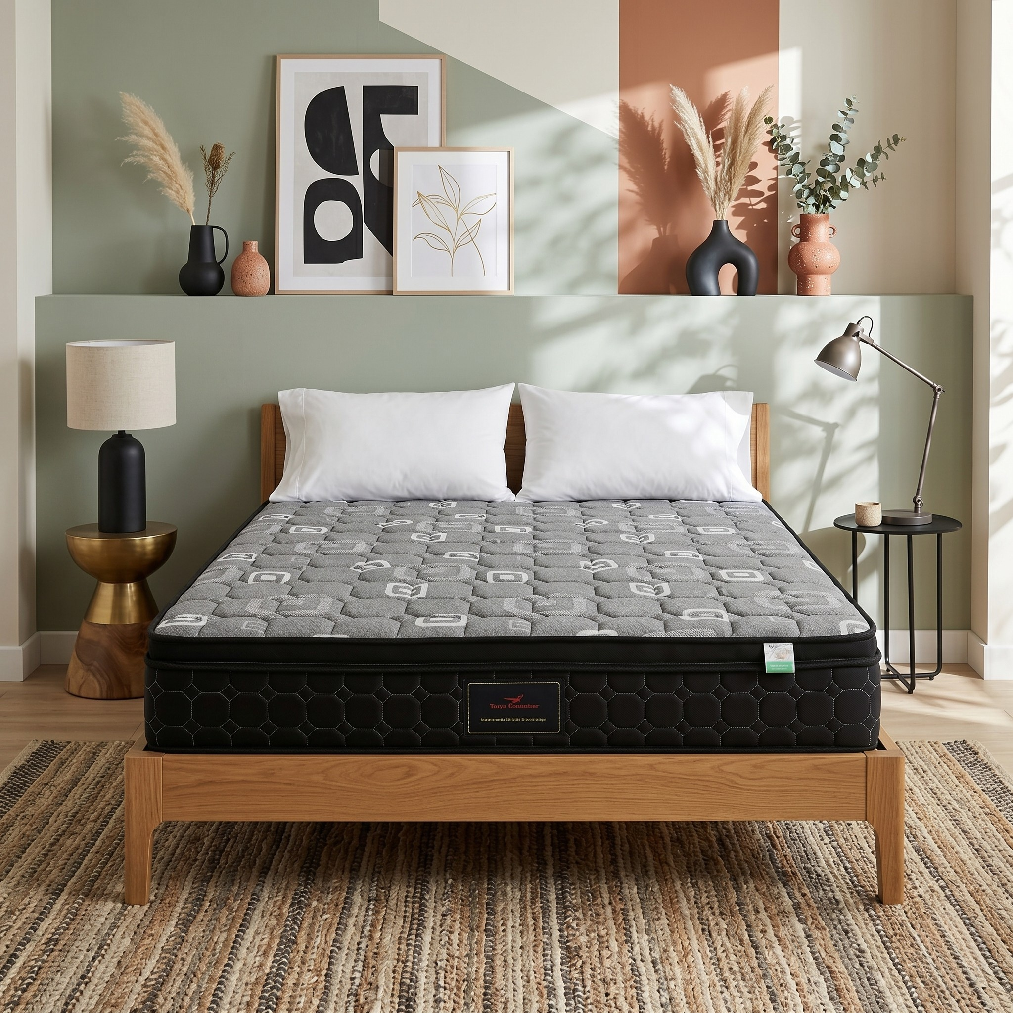 Gray mattress on a wooden bed frame in a room with decorative elements.