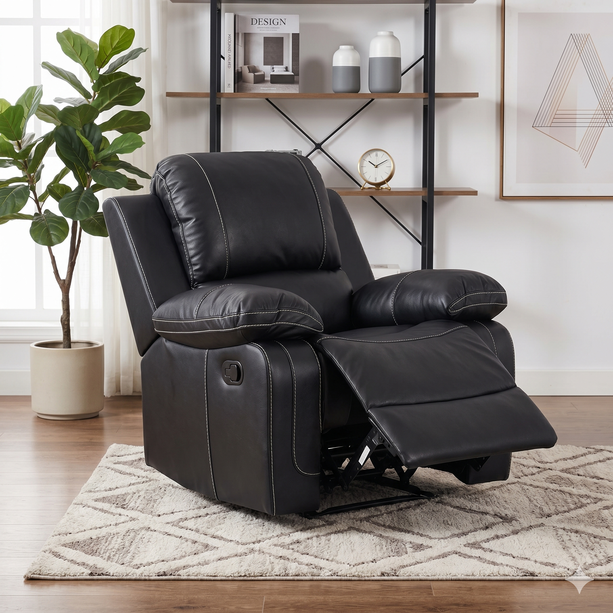 Black leather recliner chair in a living room setting with a plant and bookshelf.