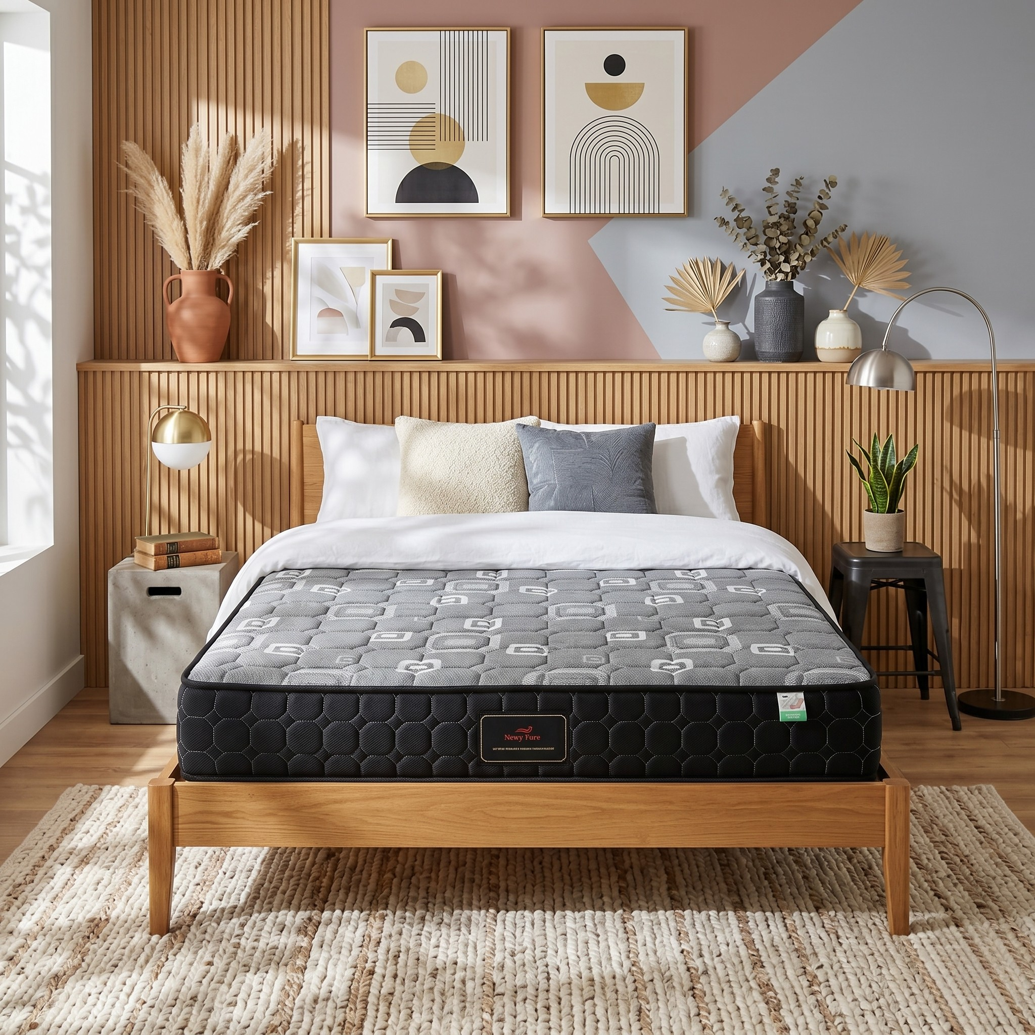 Bed with a mattress in a bedroom setting with decorative elements.