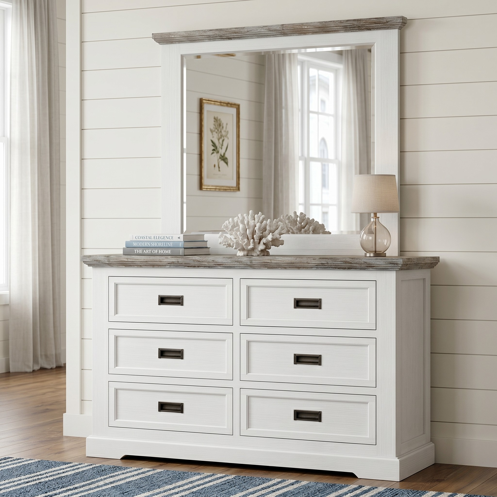 White dresser with mirror in a room with wooden flooring and white walls.