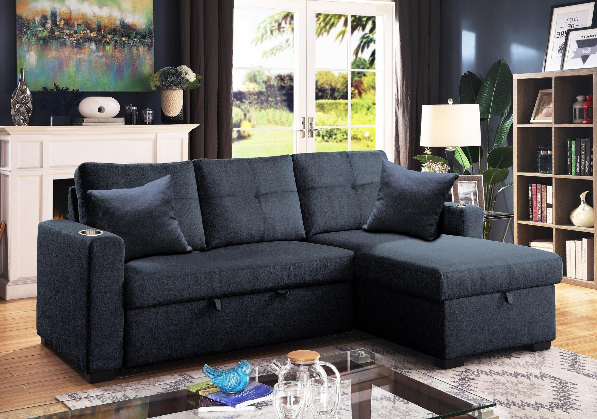 Samson 3-seater fabric sofa bed with chaise lounge in a living room setting.