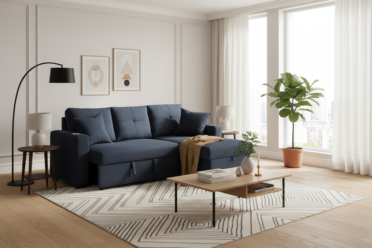 Modern living room with a blue sectional sofa, coffee table, and decorative items.