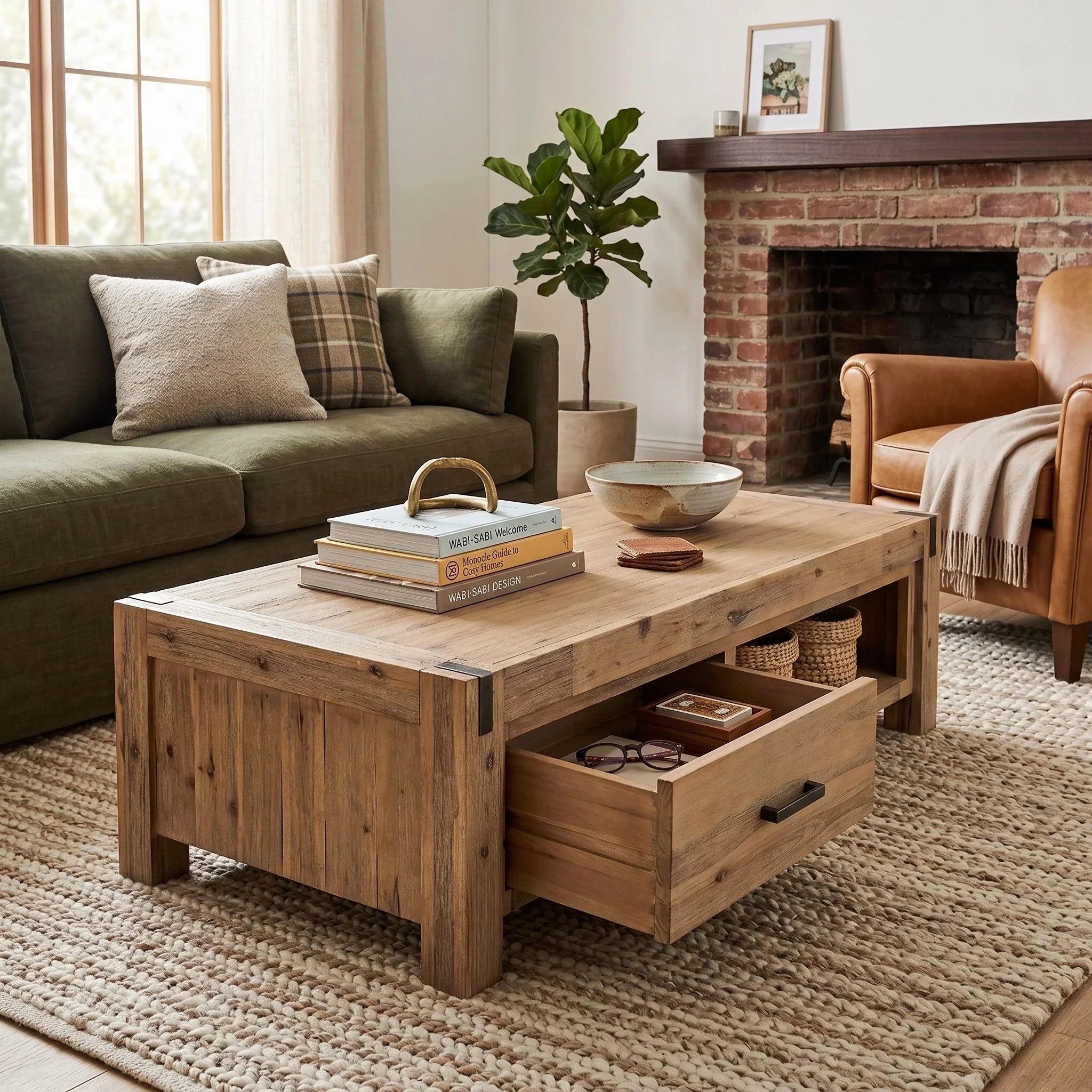 Wooden coffee table with storage drawers in a living room setting.