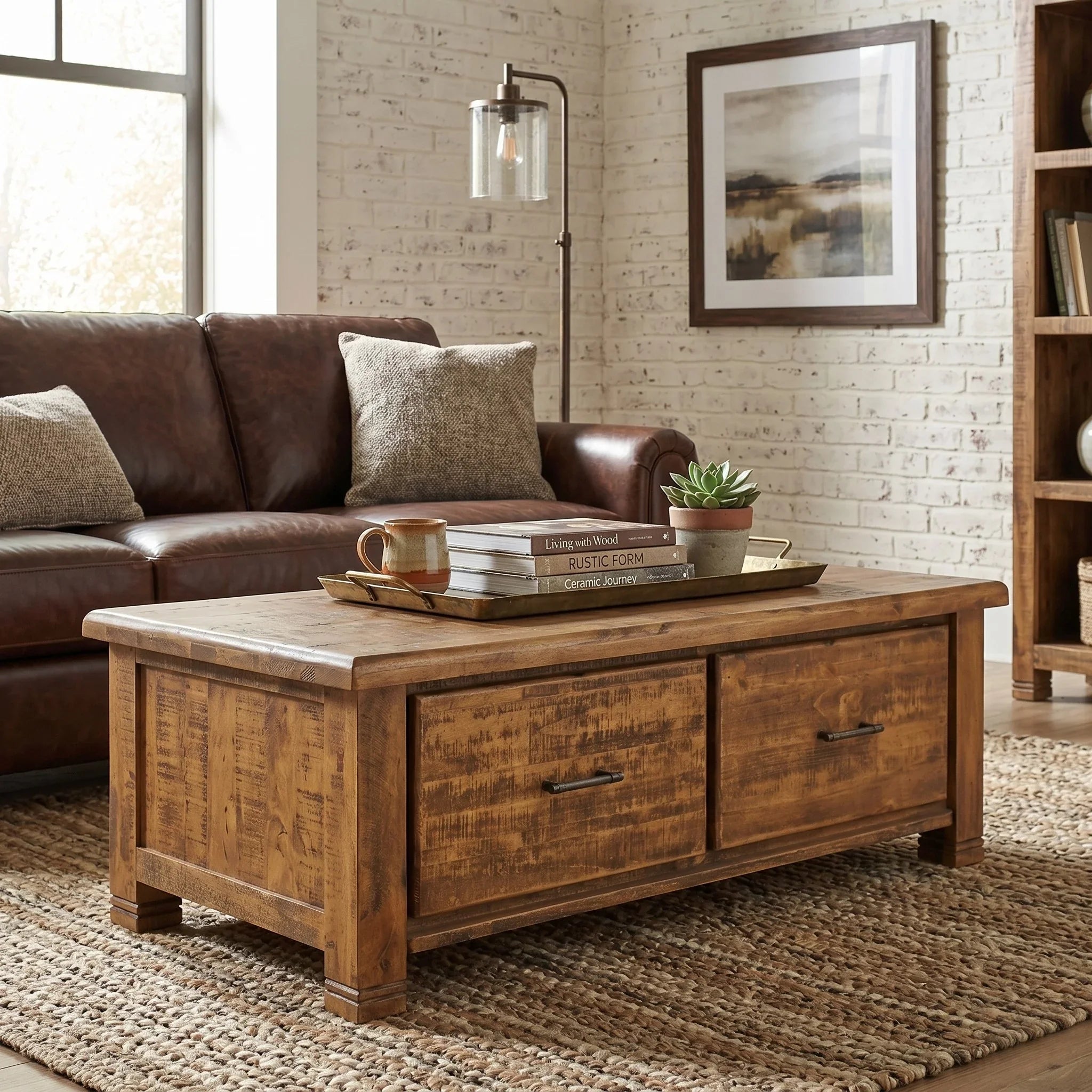 Wooden coffee table with books and a plant in a living room setting.