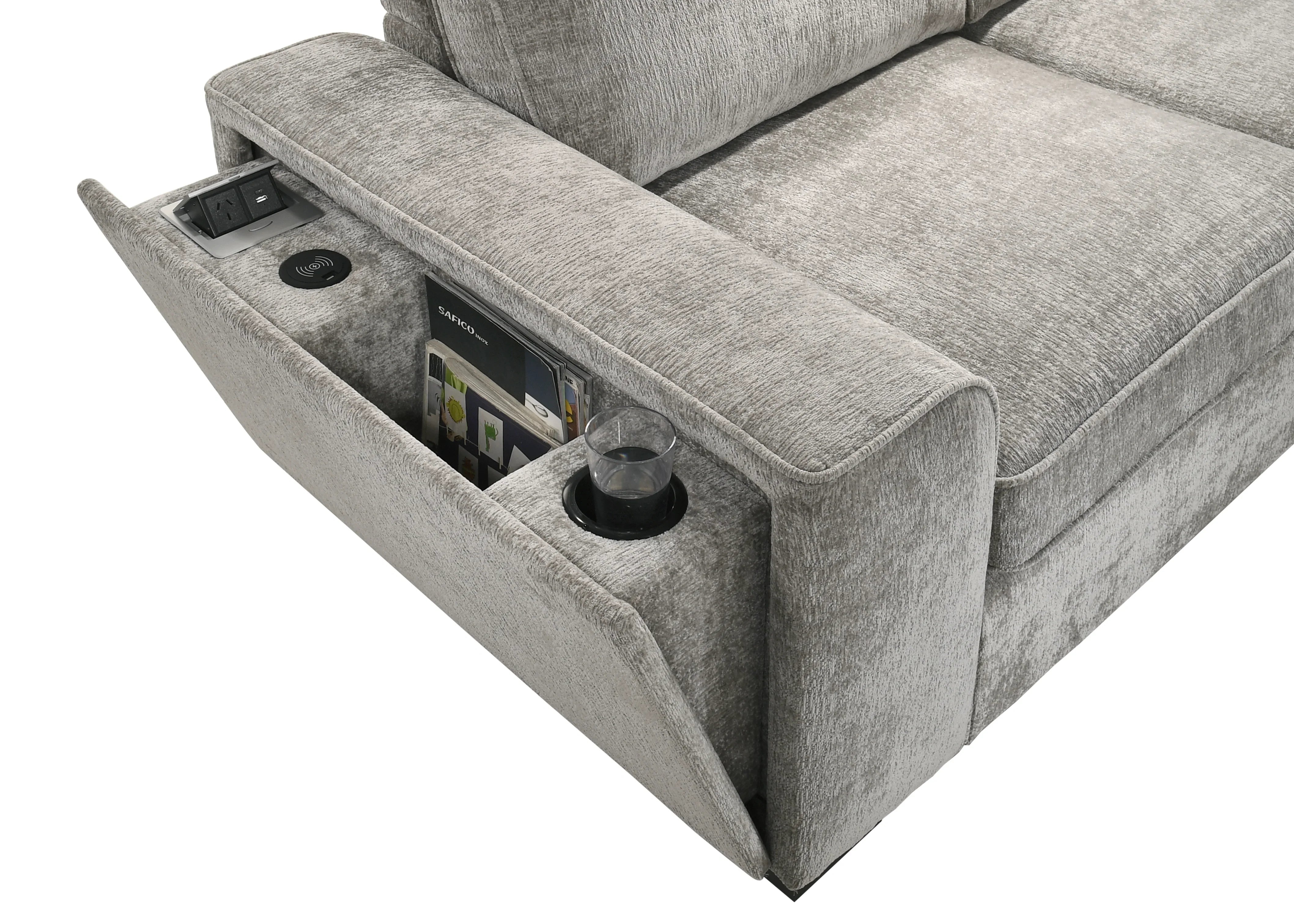 Silver sofa with cup holders and smartphone on a white background