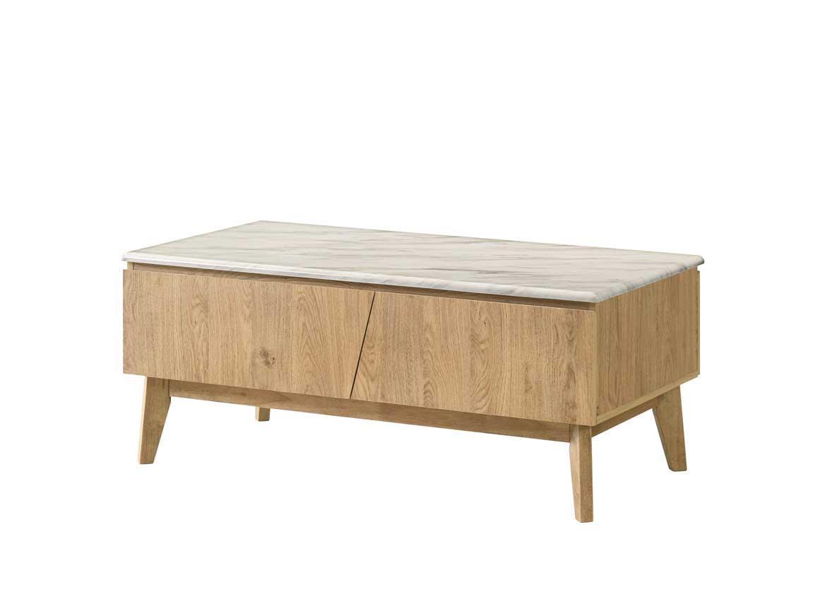 A modern coffee table with a cream-colored tabletop and oak-colored particleboard frame, featuring two drawers and a sleek, contemporary design.