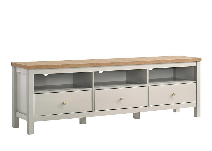 A Malvern TV unit featuring a white body with three drawers and an oak-coloured top with three open shelves.