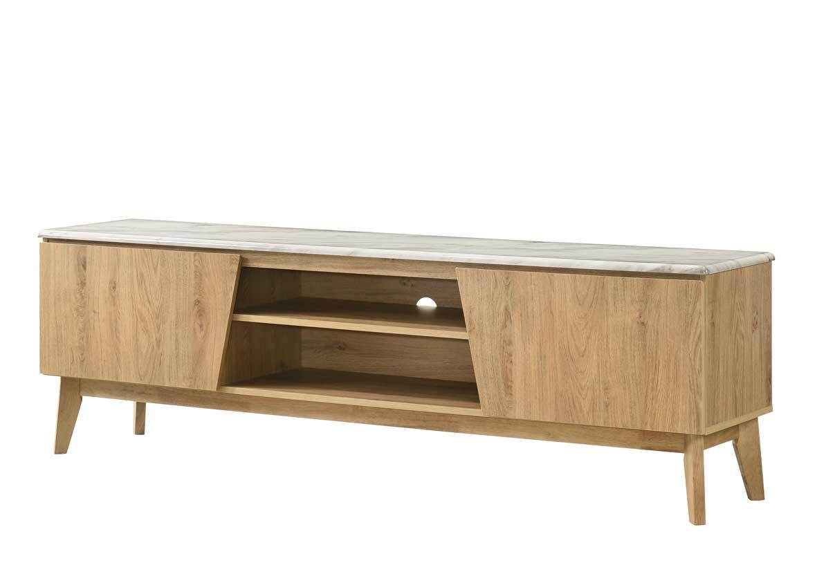 A modern Macleod TV Unit with storage, featuring a cream finish MDF ash veneer top surface and oak-colored particle board frame with two cabinet-style drawers and two open shelves.