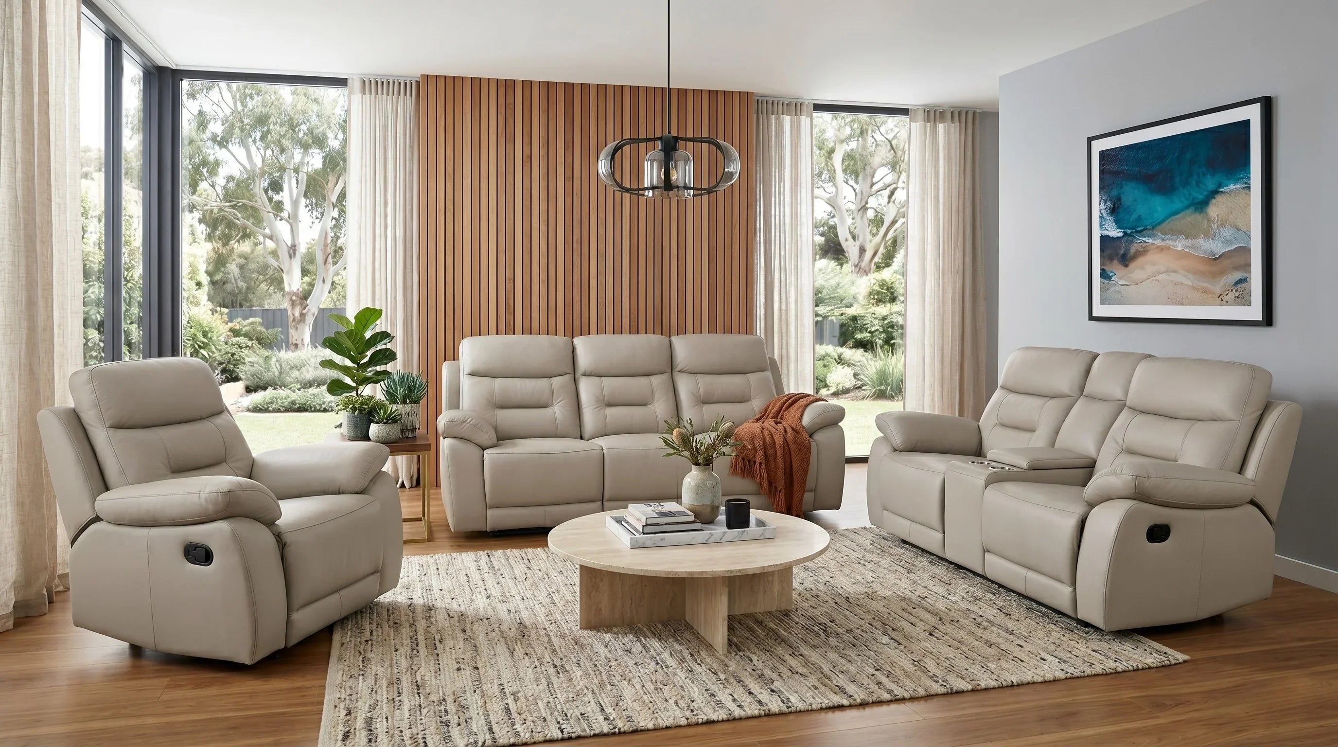 Lemington 3+2+1 Beige Leather Recliner Package