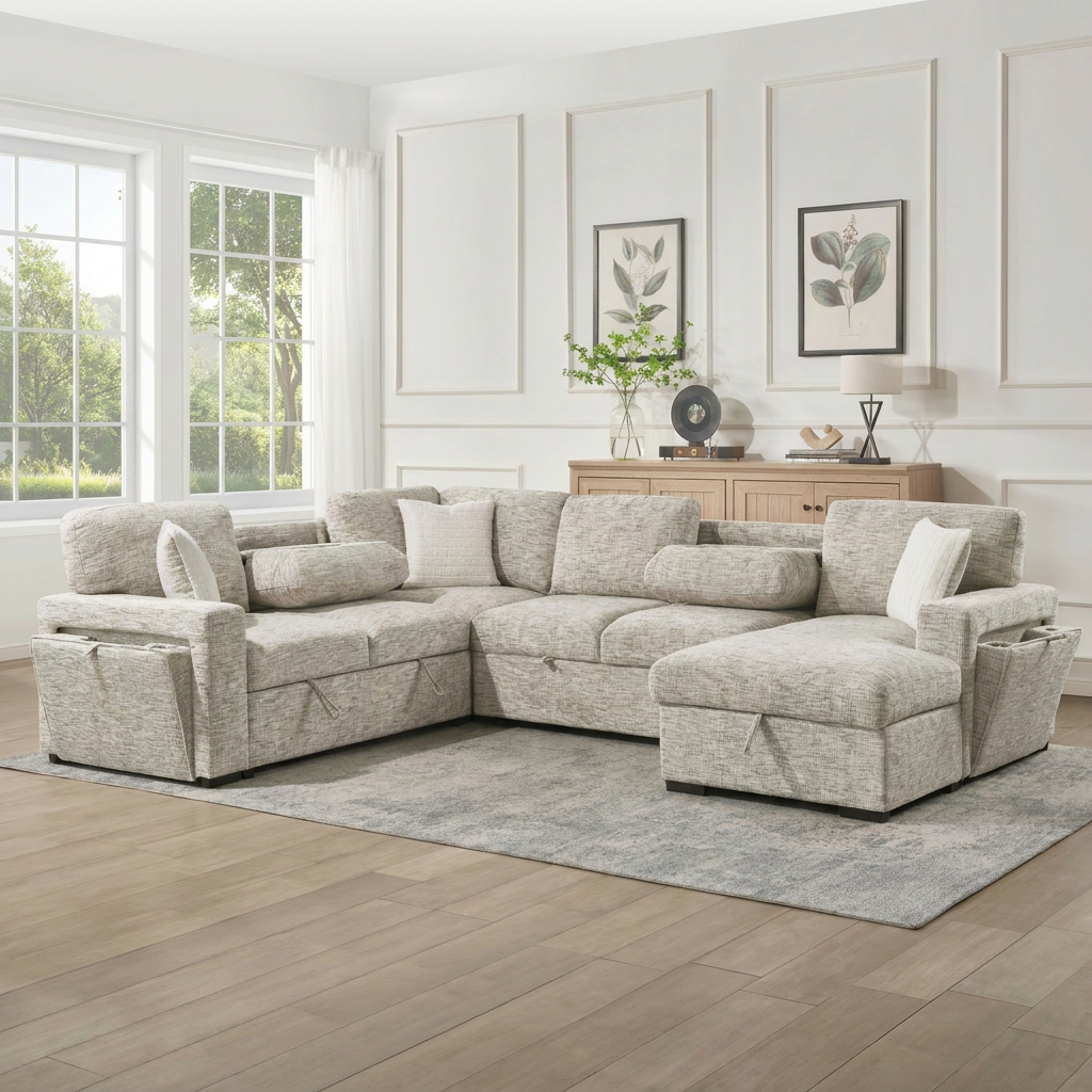 Sherwood beige sofa bed showing storage compartments and side pockets