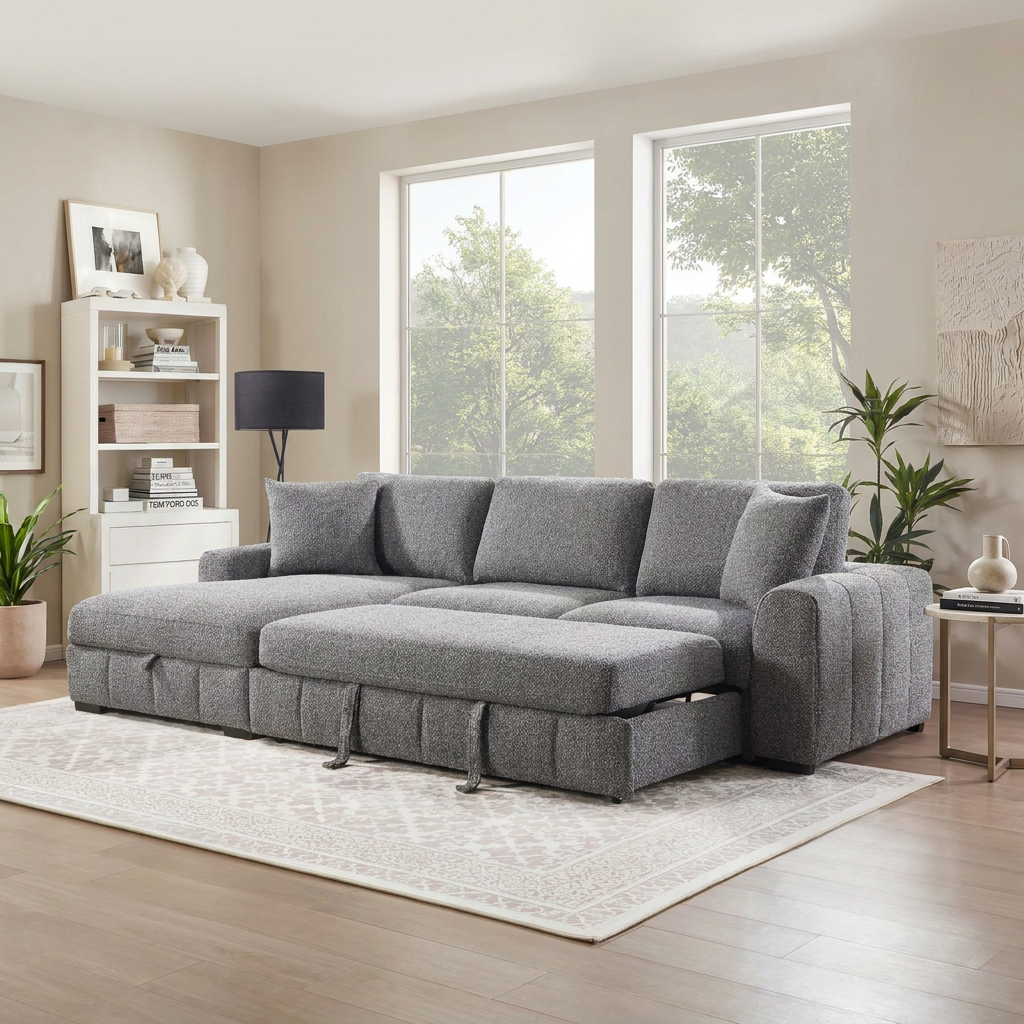 Seaford grey sofa bed with the pull-out bed extended
