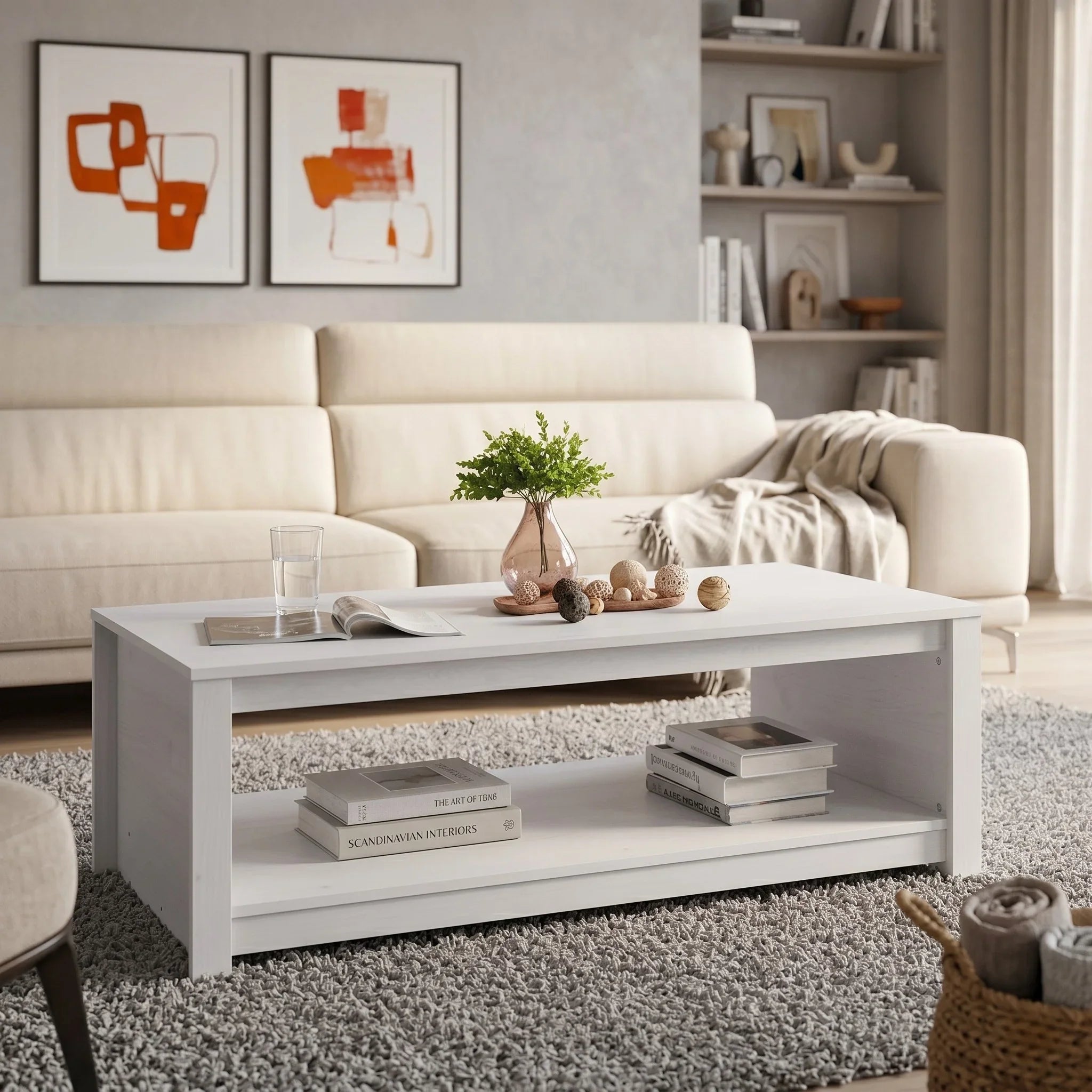 Modern living room with a white sofa and coffee table.