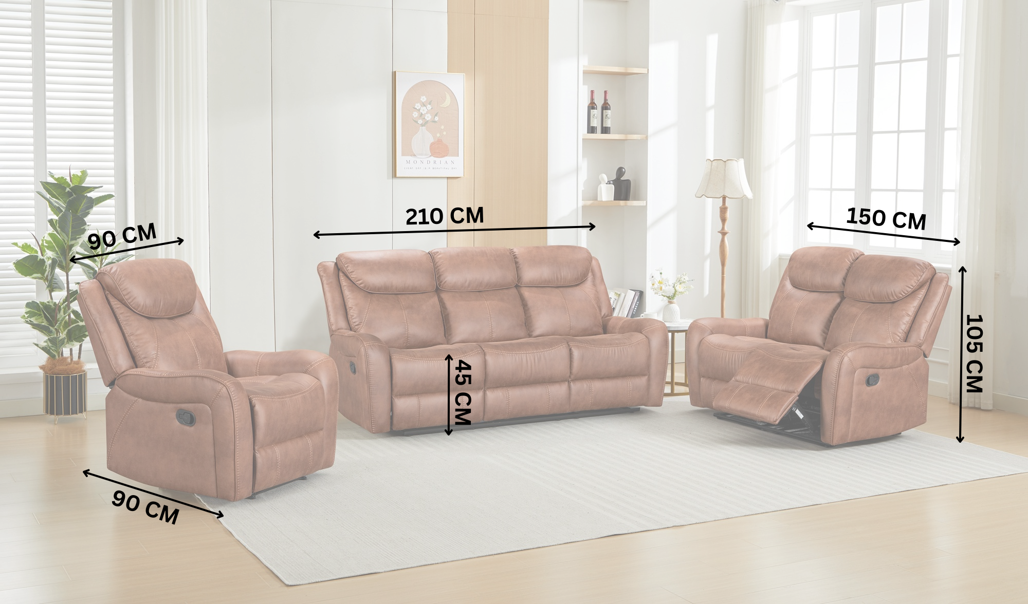 Beige sofa set with dimensions marked on a white background