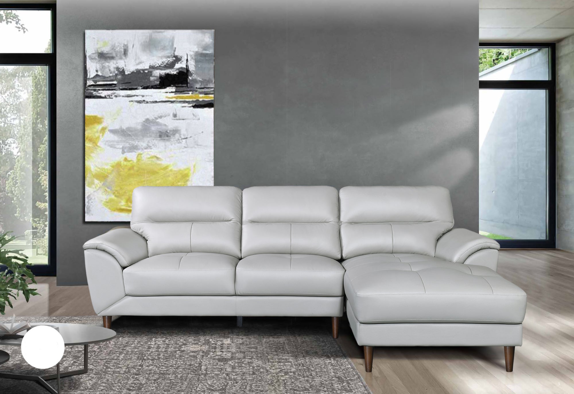 Penrith 3-Seater Genuine Leather Sofa with Chaise – Silver