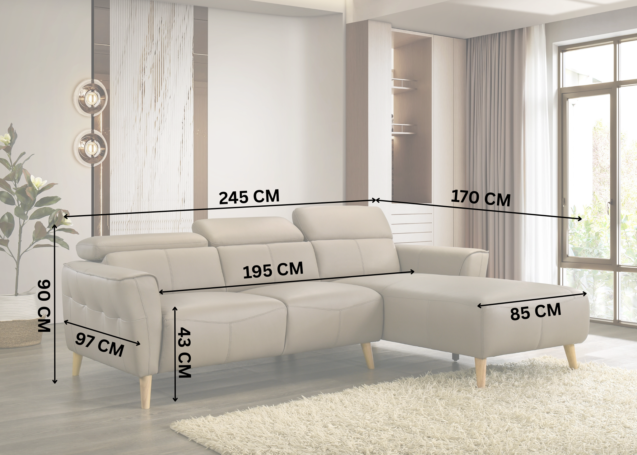 Penelope 3 Seater Leather Lounge with Chaise