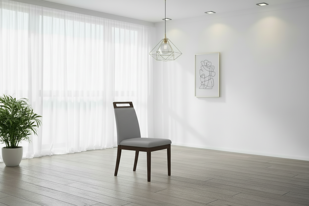 Dining chairs with gray fabric seats and wooden frames on a wooden floor.