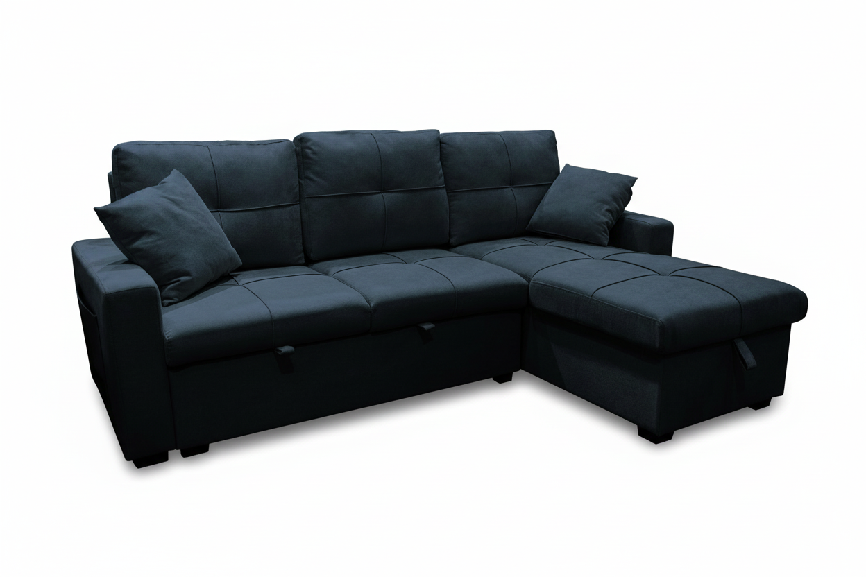 Black sectional sofa with cushions on a white background