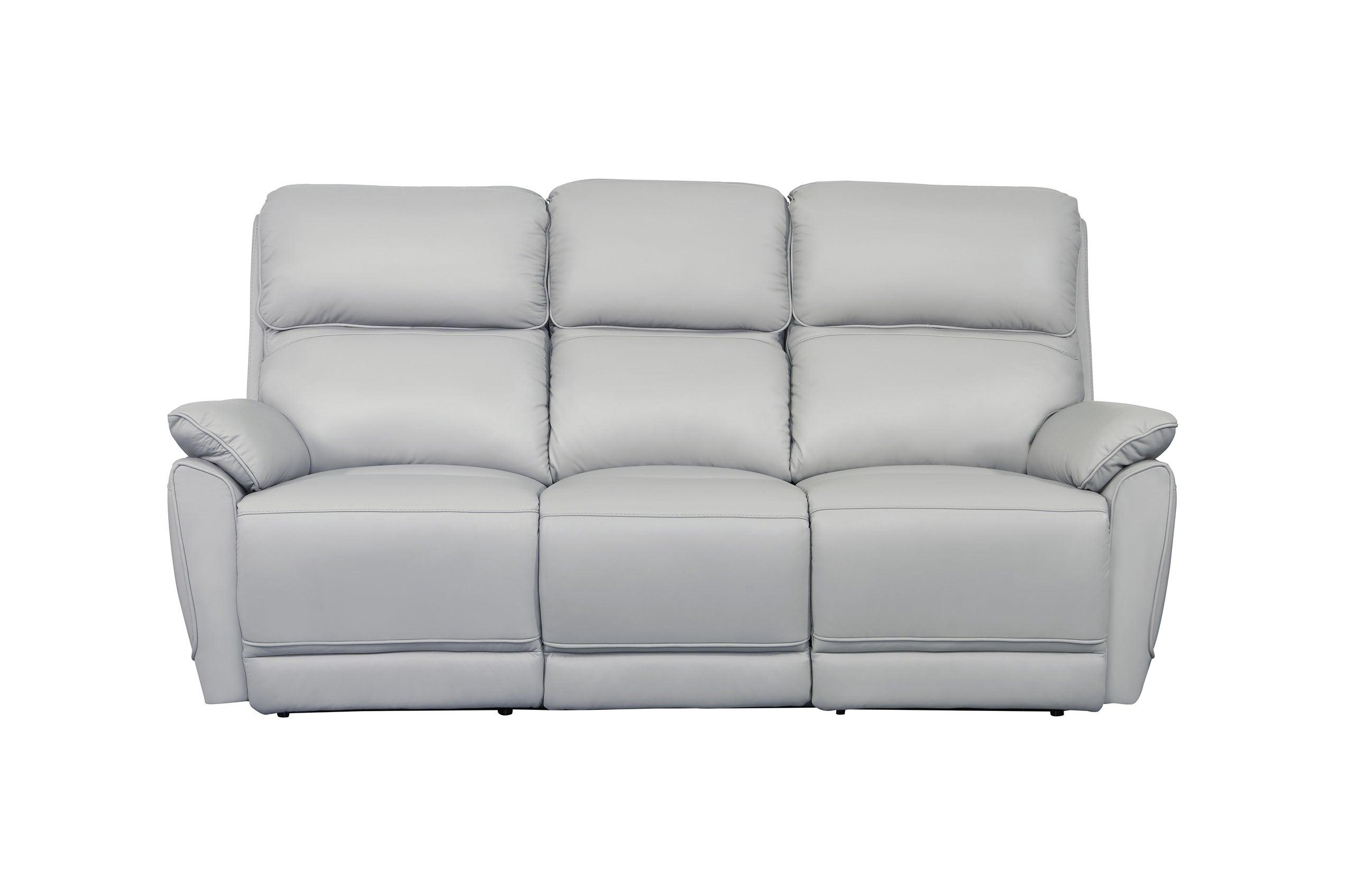 Modern three-seater silver recliner lounge sofa with plush cushions on white background
