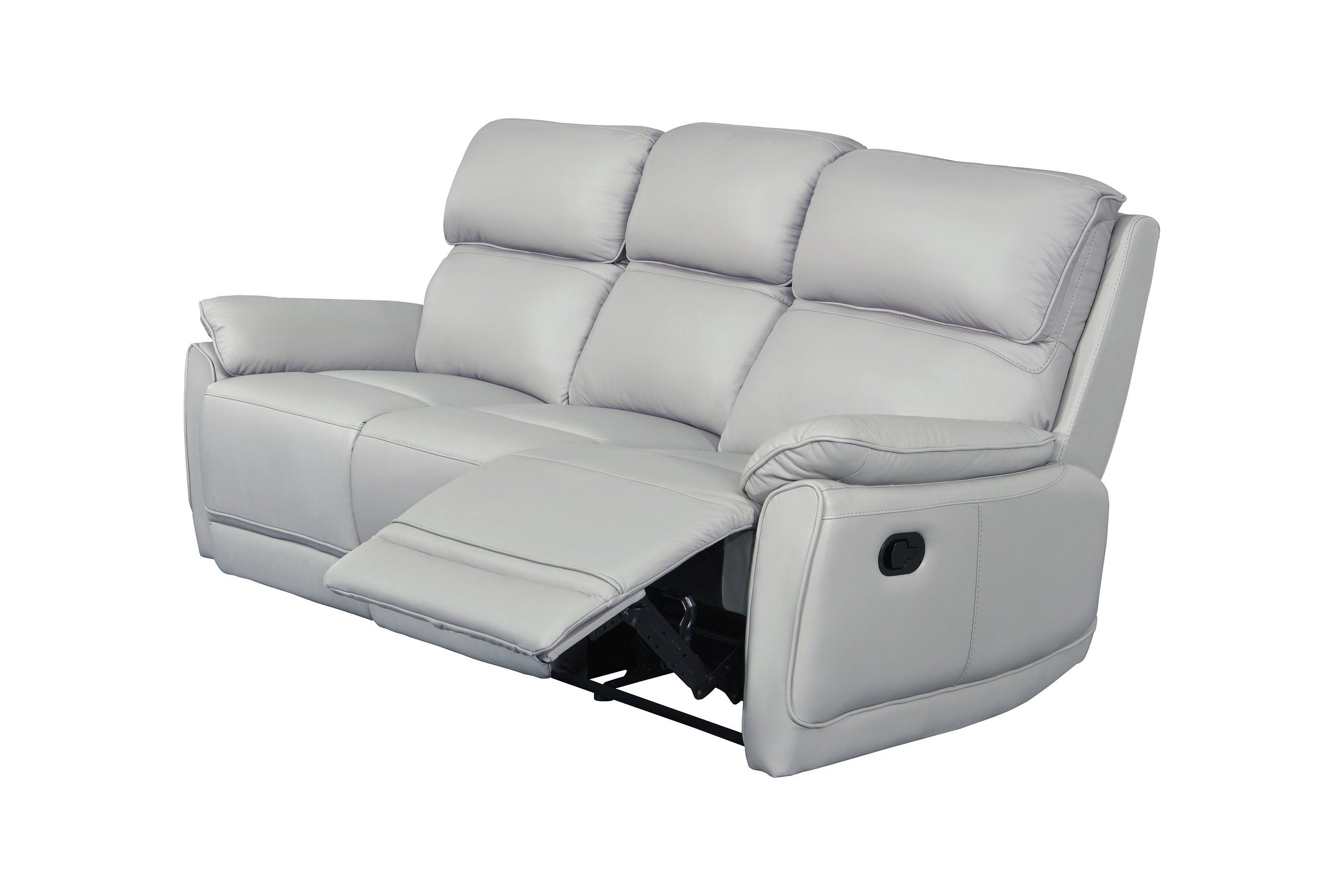 Light grey three seater recliner sofa with plush cushions and extended footrest