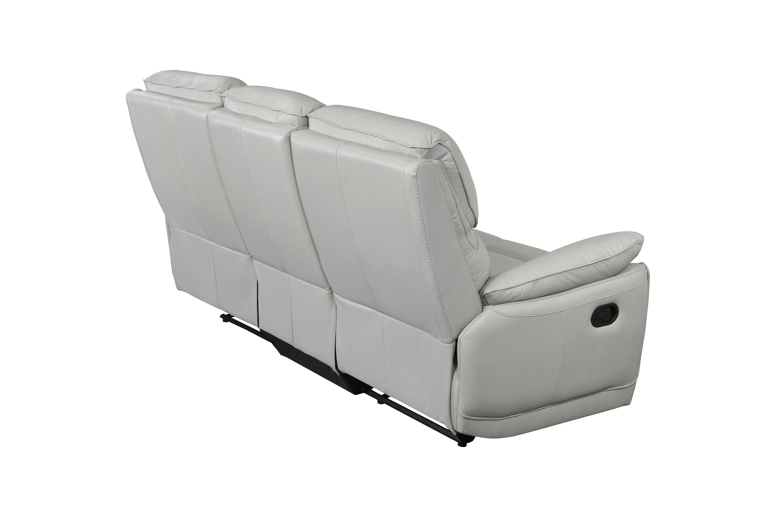 Back view of a modern silver three-seater leather recliner lounge sofa