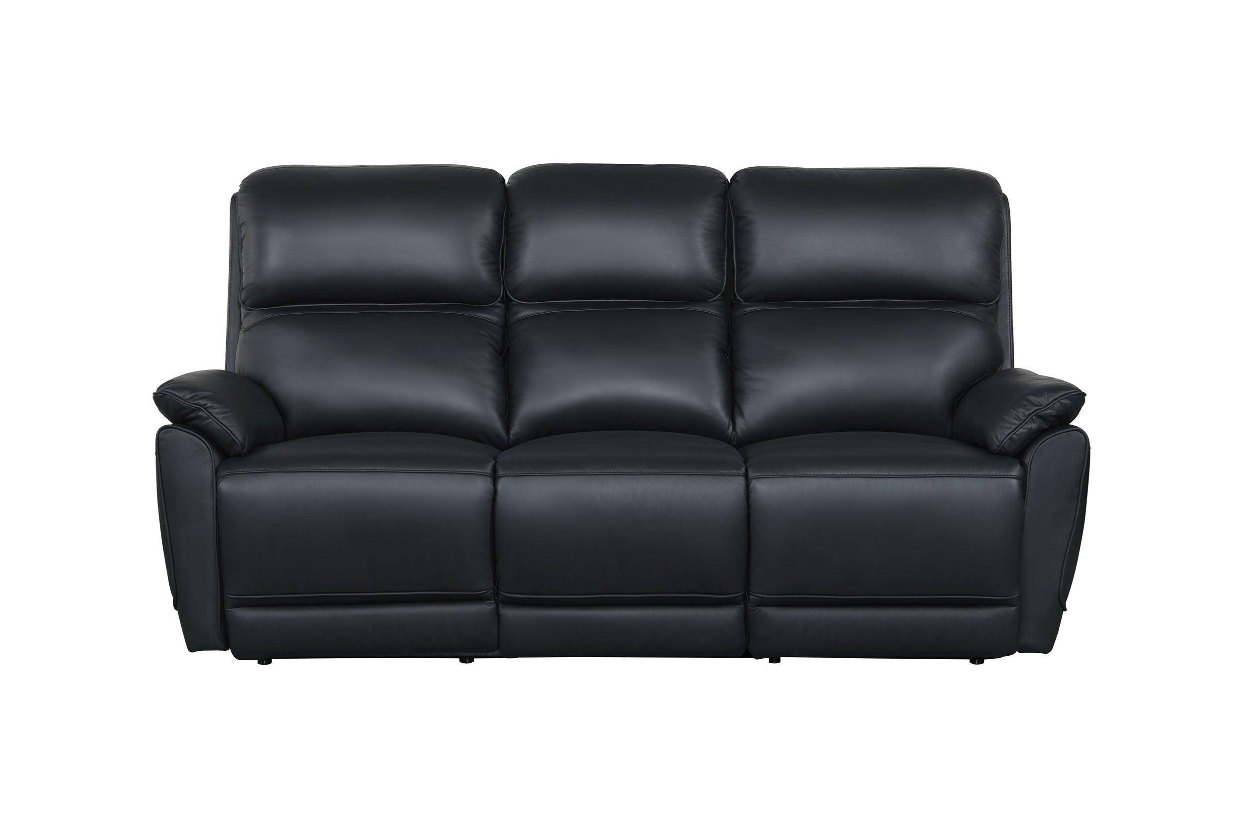 Modern black leather three-seater recliner sofa with plush cushions and armrests