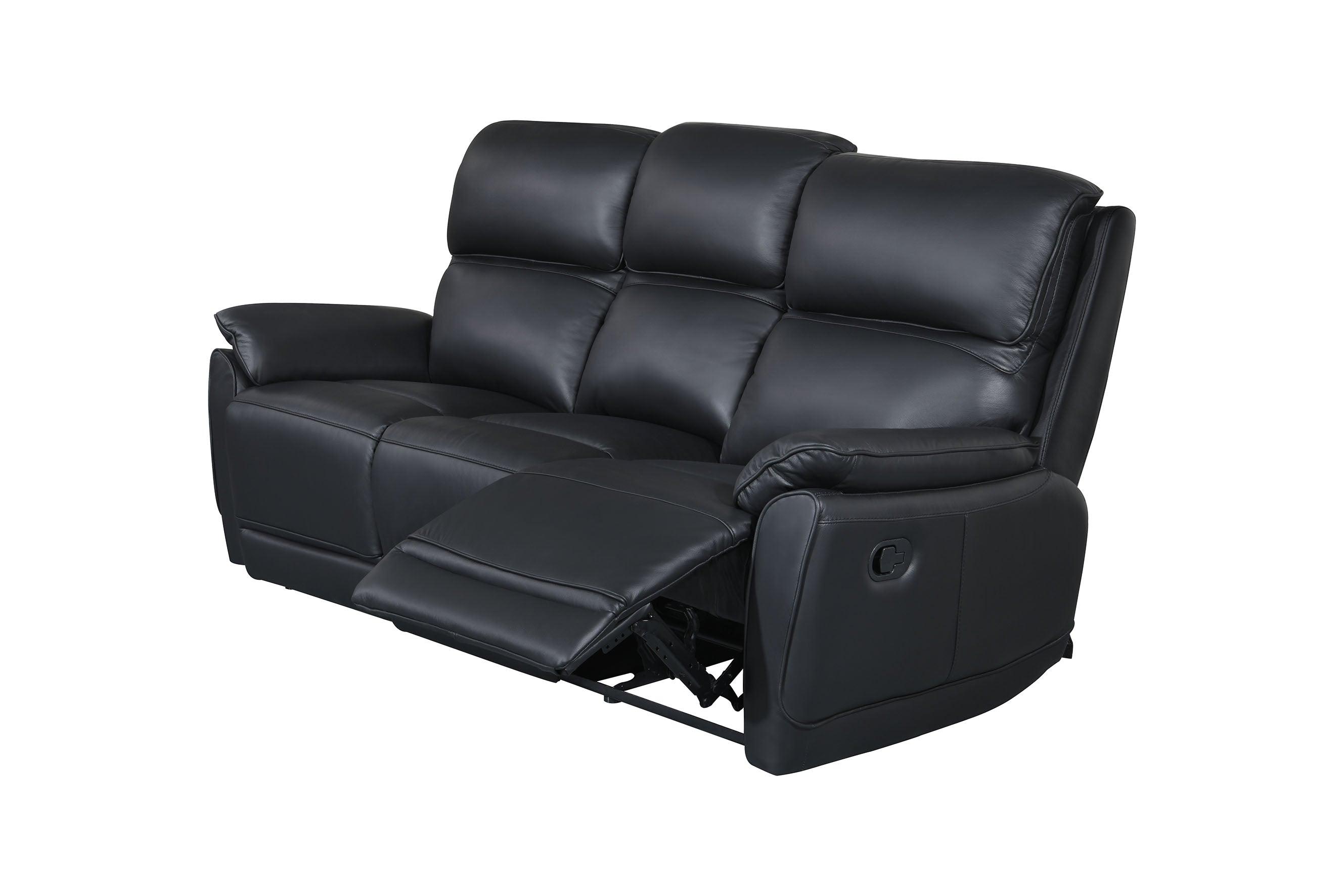 Black three-seater leather recliner sofa with extended footrest, modern plush design