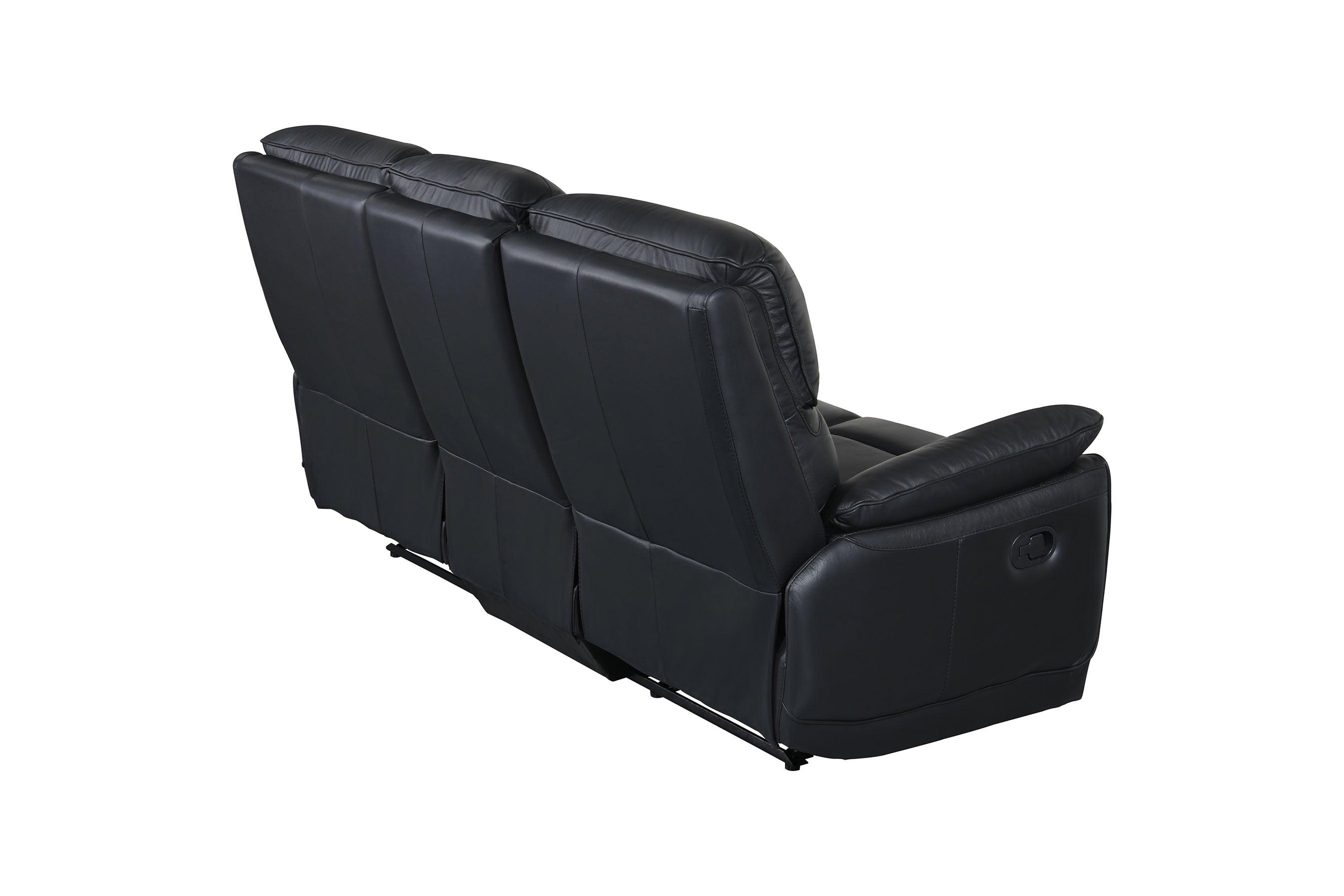 Back view of a black leather 3-seater recliner sofa on white background